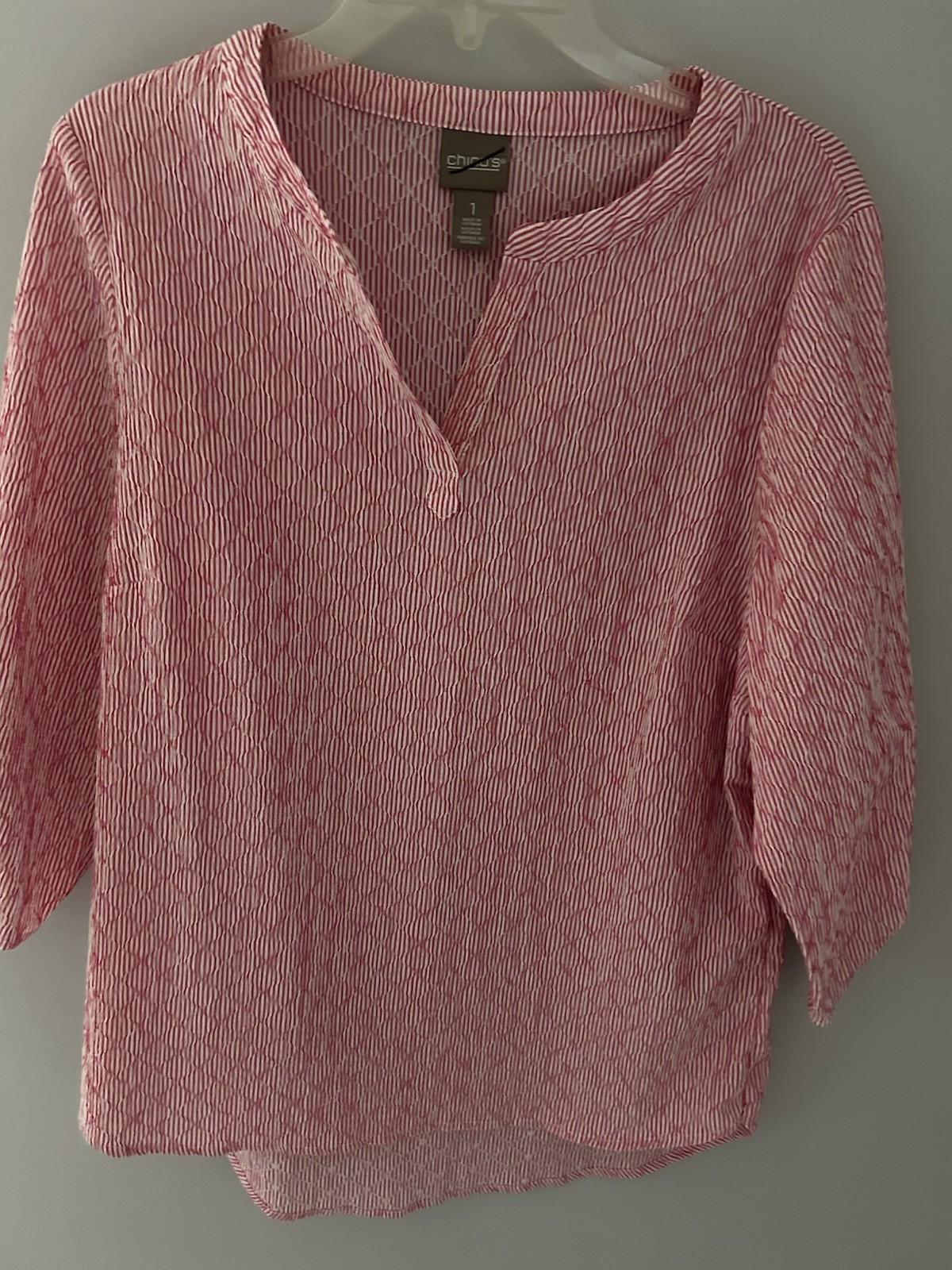 Chicos Shirt Women 1 Medium Pink Striped Popover Seersucker Textured NWOT
