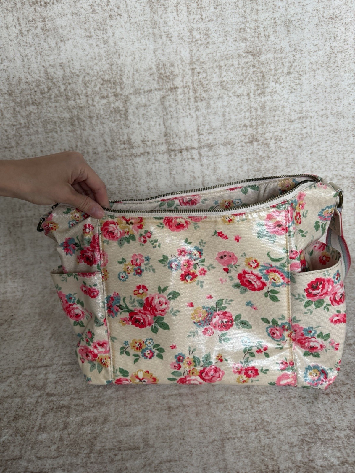 Cath Kidston Floral Oilcloth Crossbody Bag with Pouch Cream Pink Vintage