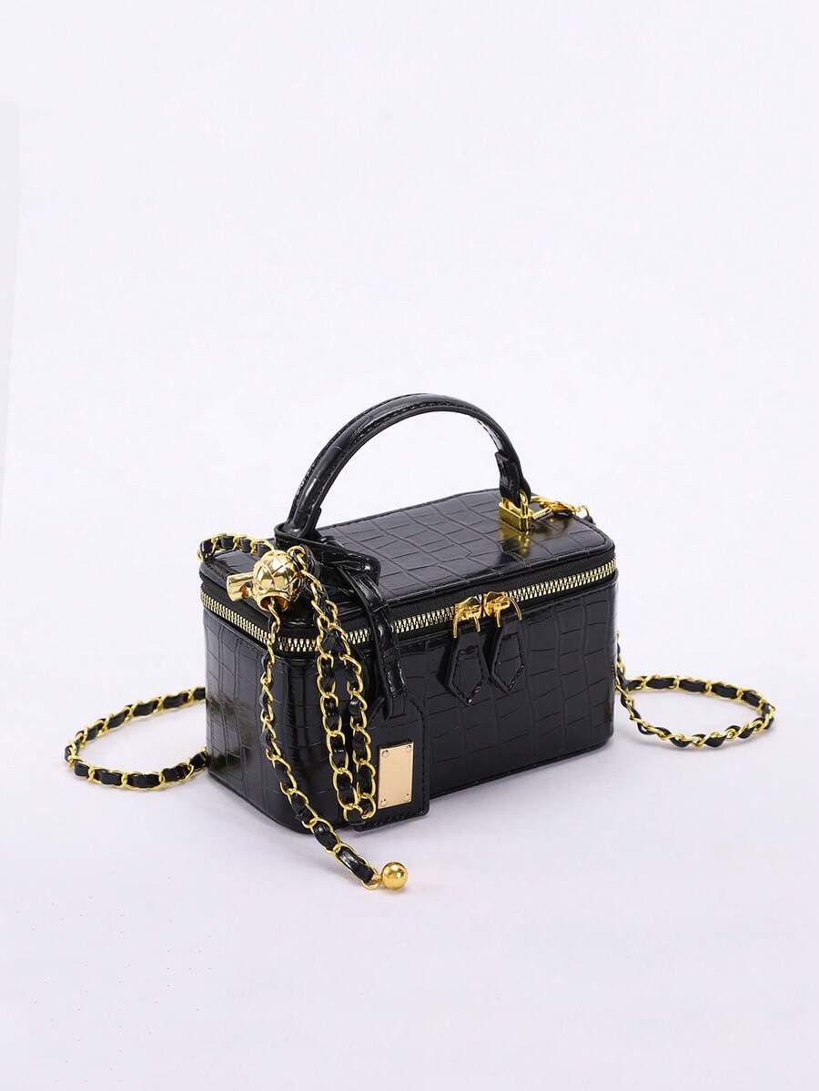 Mini Quilted Box Bag Rhinestone Embroidery Zipper Handbag Chain Strap Purse