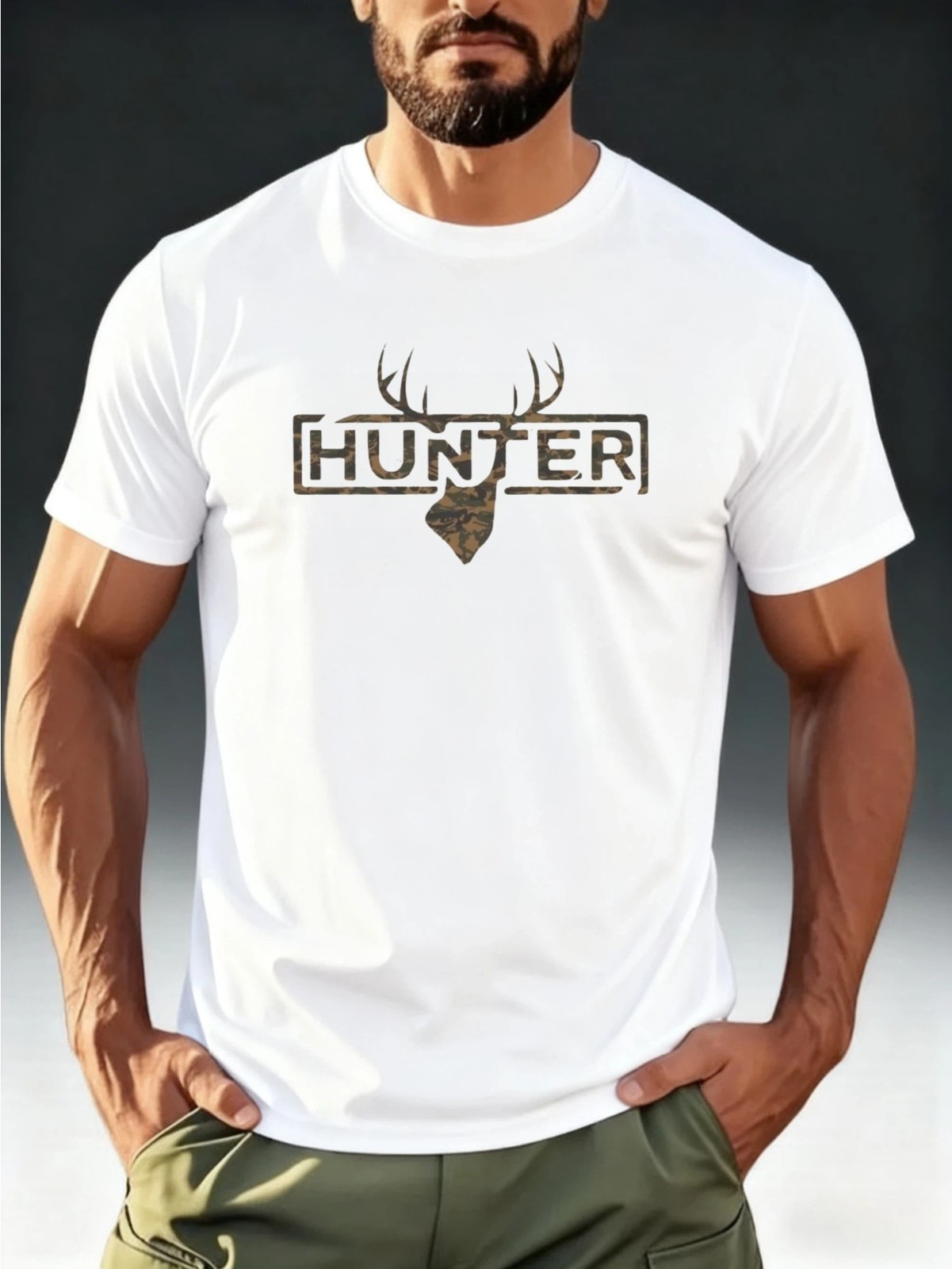 Camo Hunter Deer Antler Graphic T-Shirt Outdoor Hunting Camouflage Tee