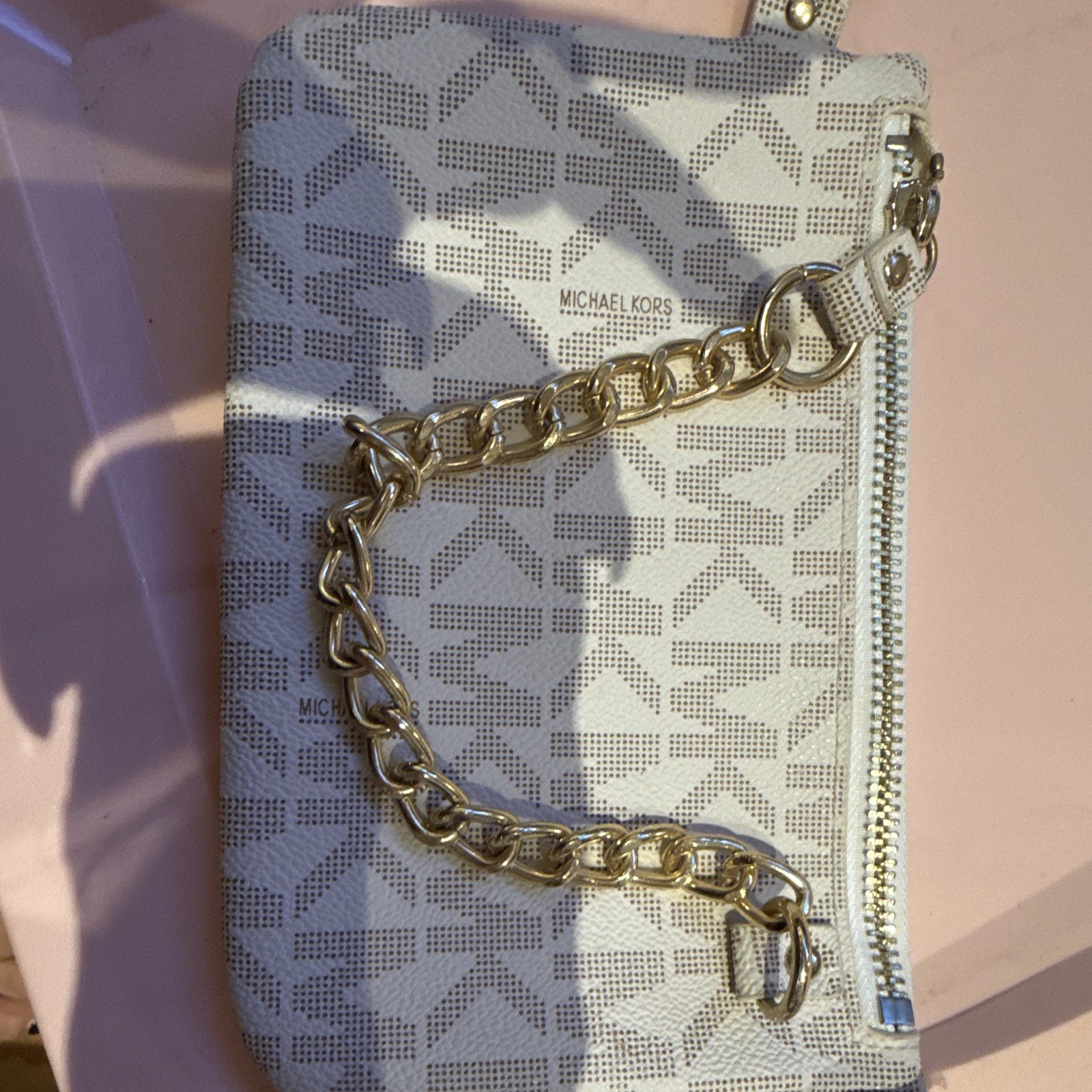Michael Kors MK Logo Zip Pouch Wallet Wristlet w/ Gold Chain, White/Beige
