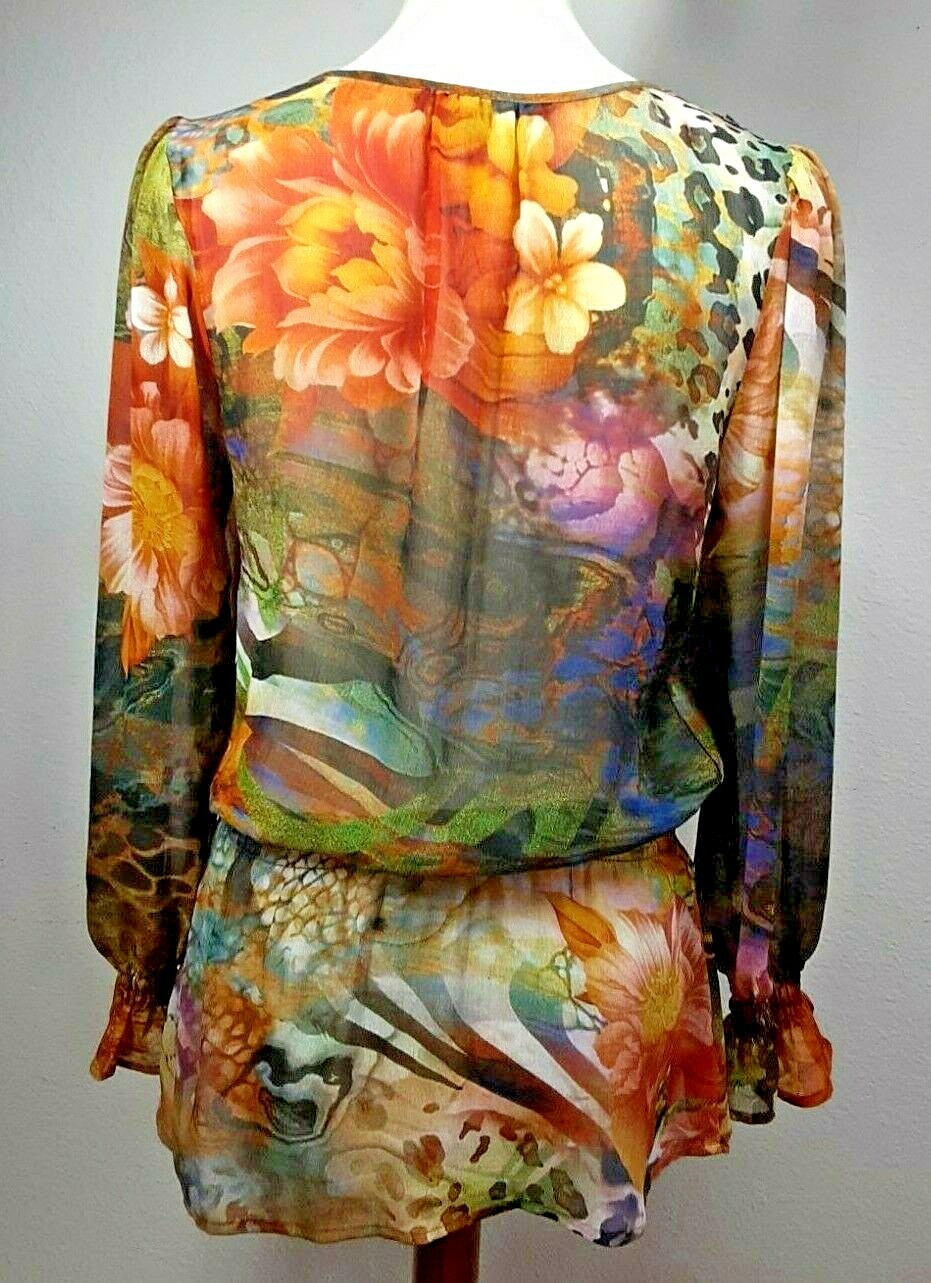 Mushka Sienna Rose Womens Small Embellished Peasant Semi Sheer Chiffon Long Top
