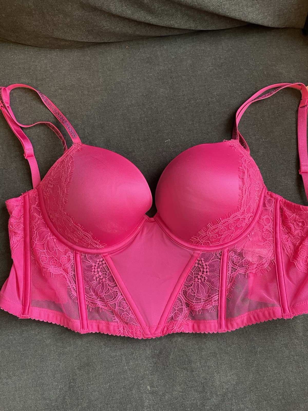 Victoria’s Secret PINK 32DD Underwire Lace Mesh Push-Up Bra Rhinestone Straps