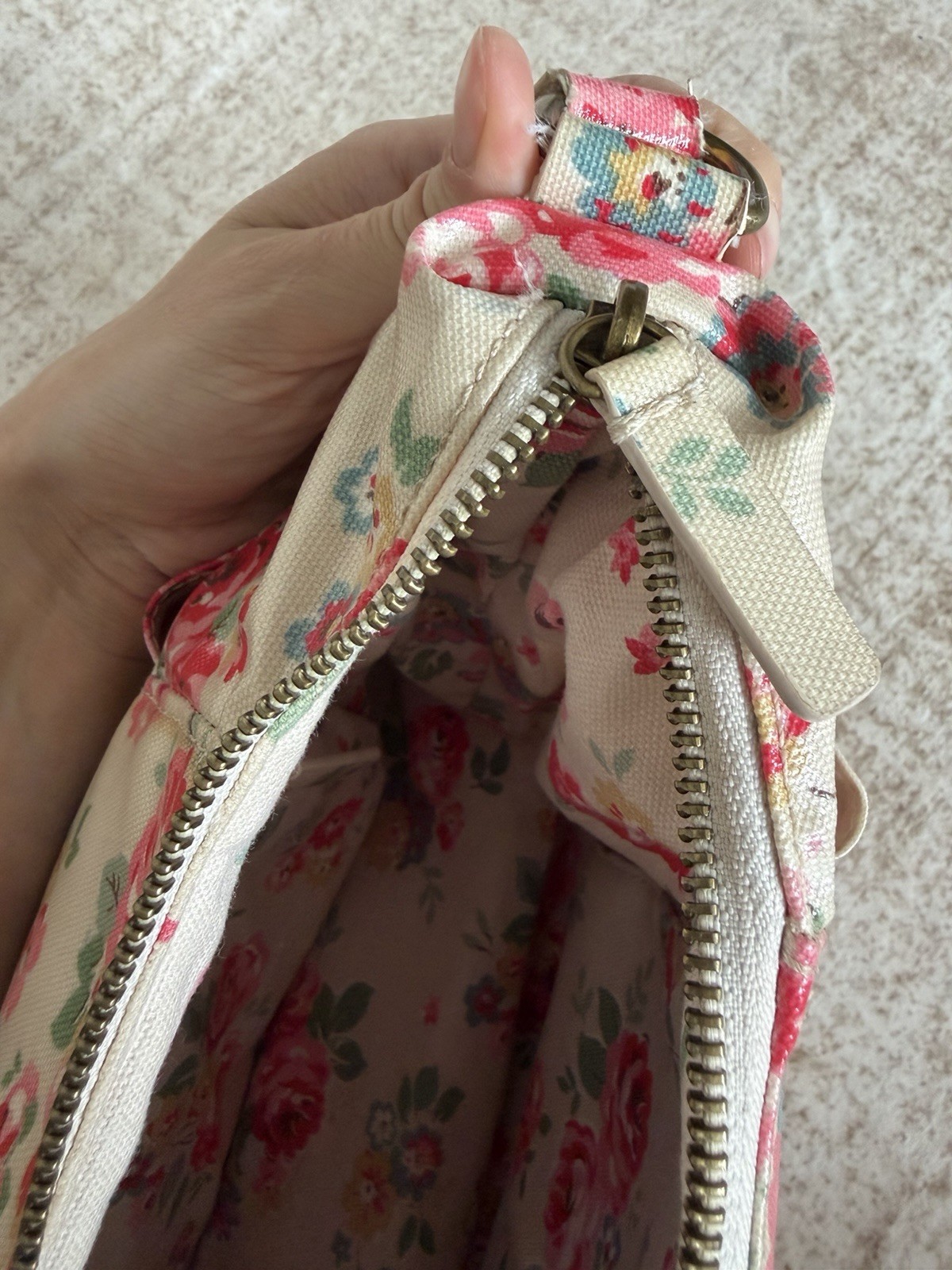 Cath Kidston Floral Oilcloth Crossbody Bag with Pouch Cream Pink Vintage