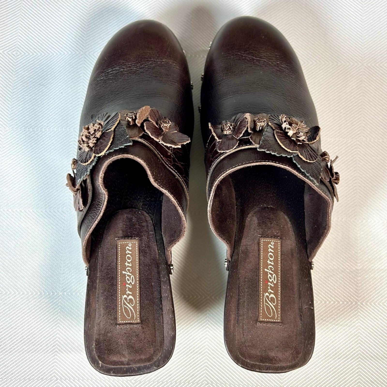 Brighton Dutch Clogs US 8.5 EU 39 Leather Mules Studded 3D Flower Brown READ
