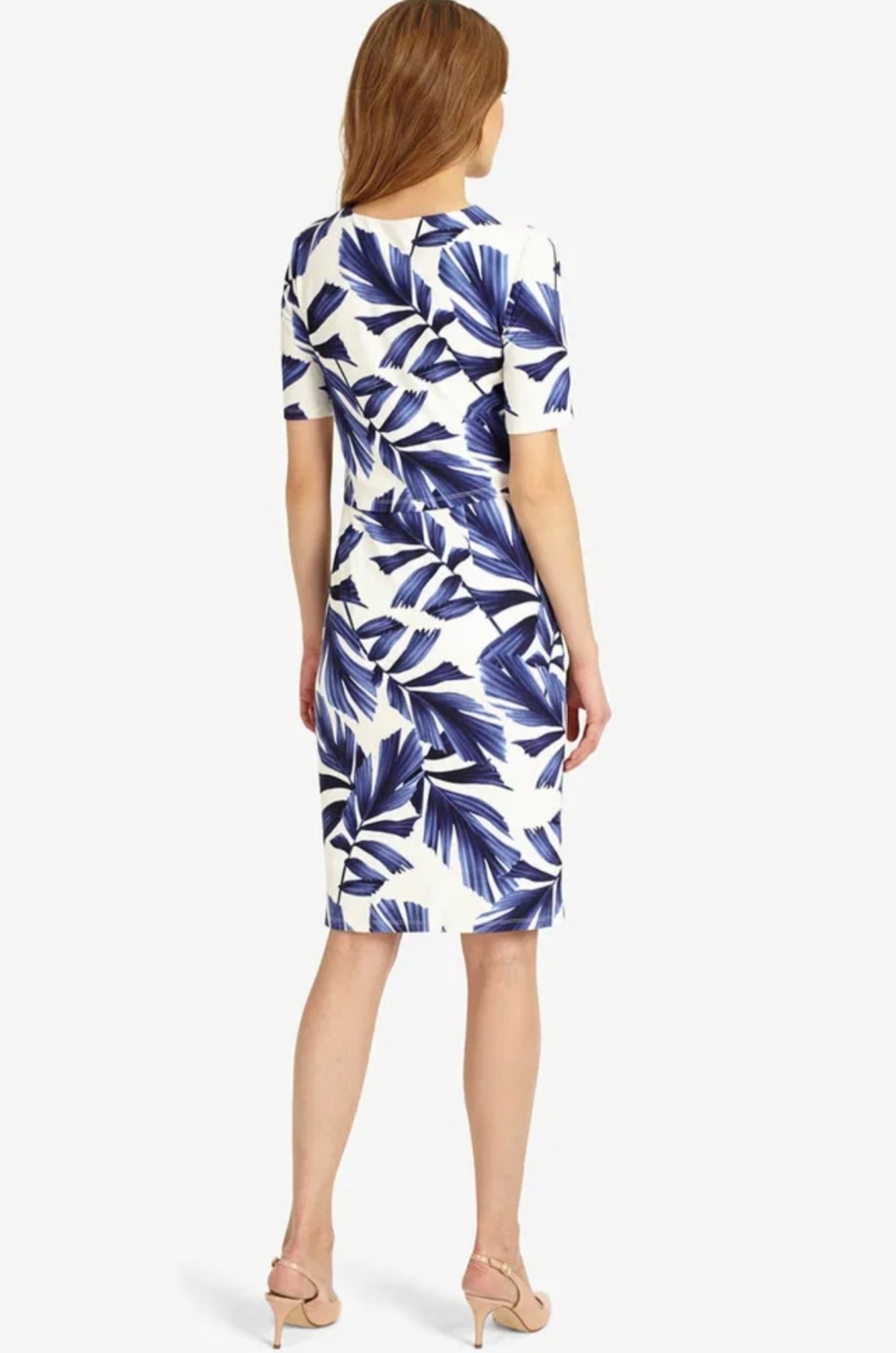 Phase Eight Dress Size 16 White Navy Eloise Palm Print Shift Bodice Layer Ruched