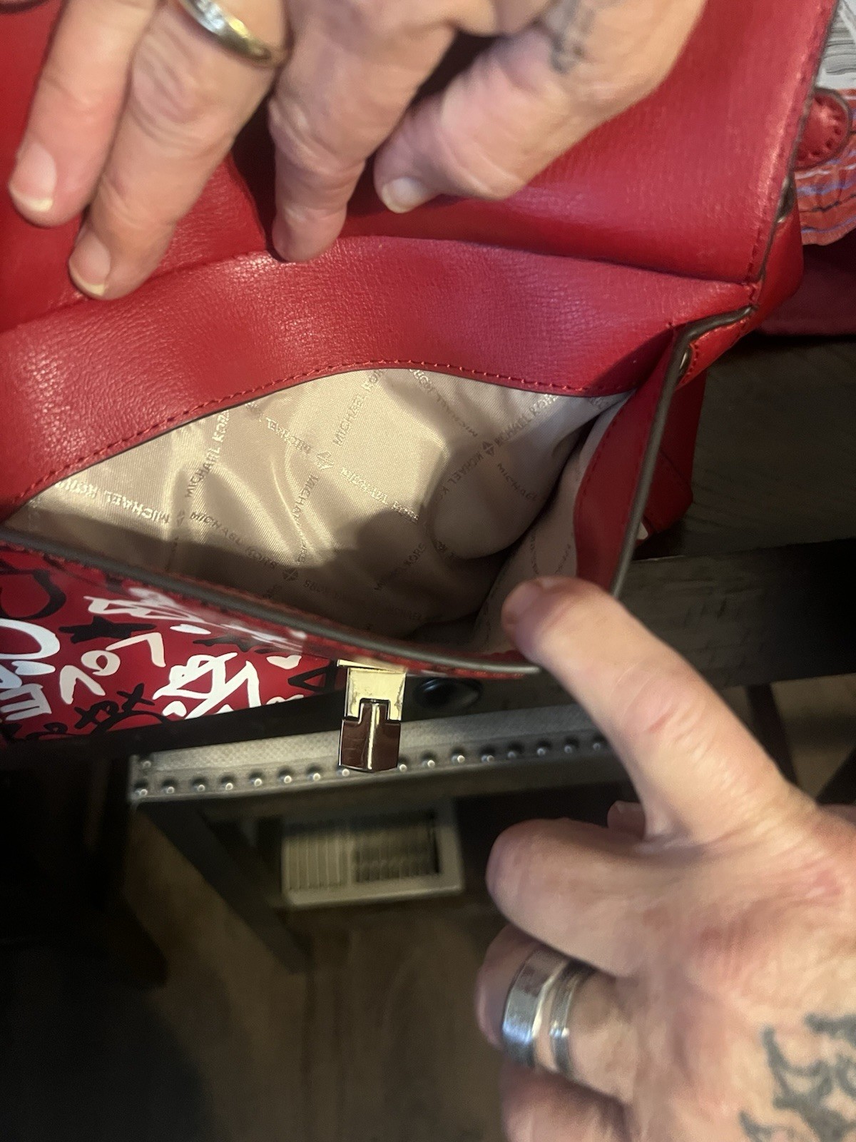 Michael Kors Red Graffiti Heart Small Satchel Top Handle Zip Push Lock Det Strap
