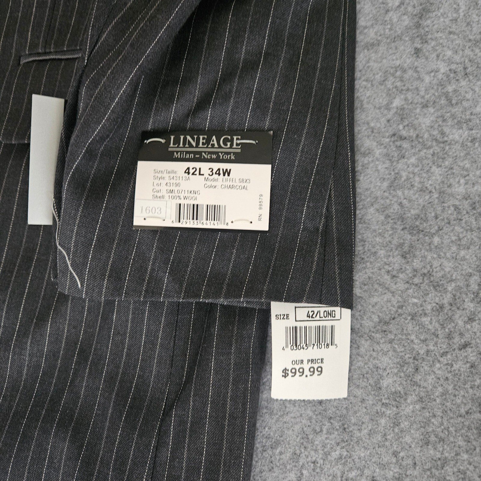 Lineage Mens Charcoal Pinstripe 2-Piece Suit 42L 34×35 Super 110s Merino Wool