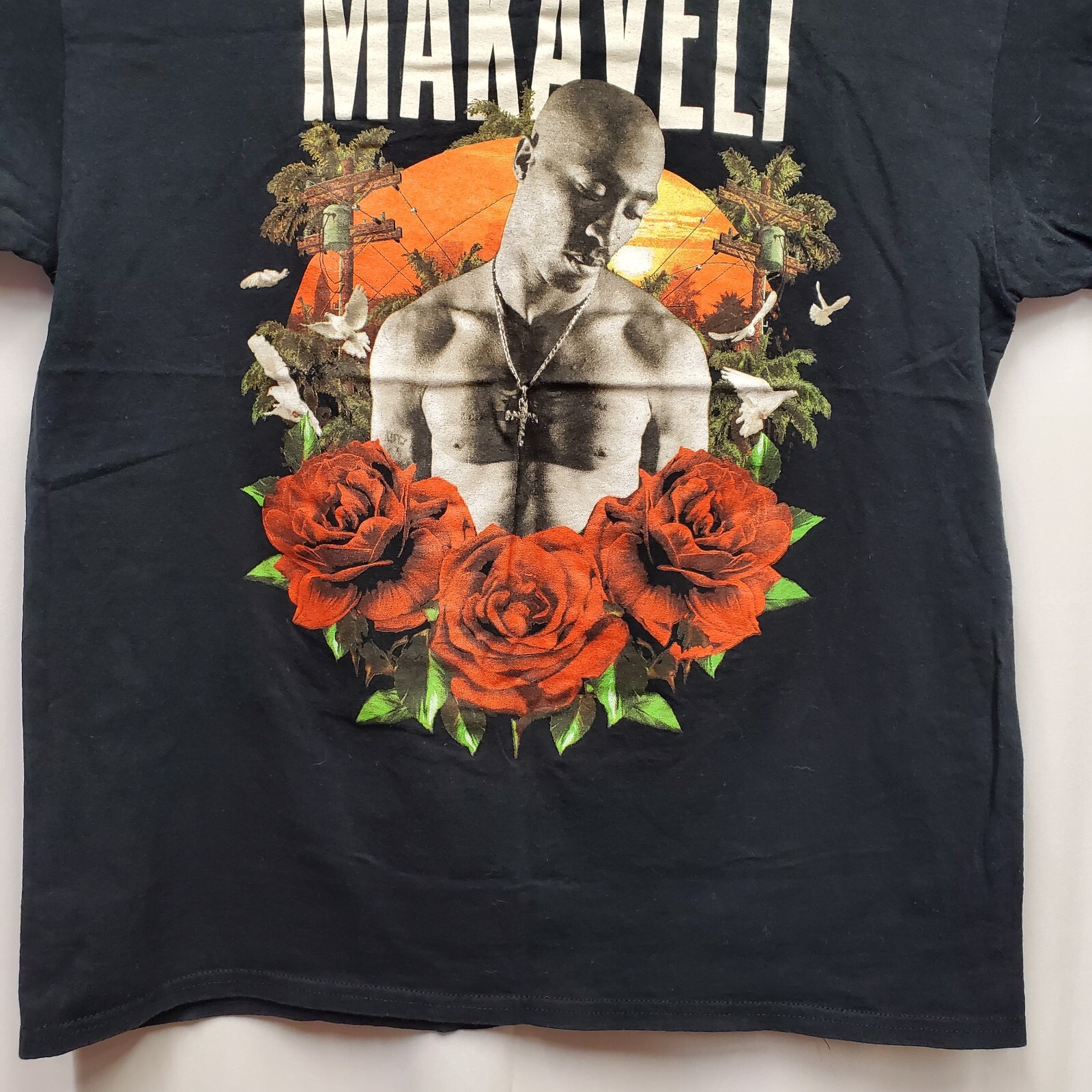 2PAC Retro 2016 Makaveli Roses 90s Style Rap T-Shirt Black Sz Large 20.5″x28″