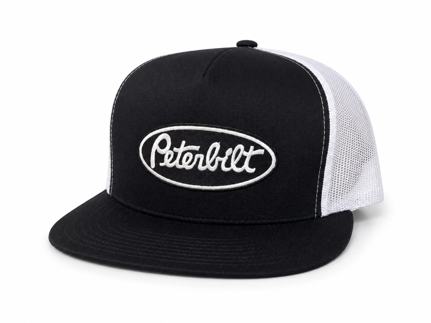 PETERBILT BLACK PATCH ON SNAPBACK TRUCKER HAT MESH BACK CAP BLACK/WHITE