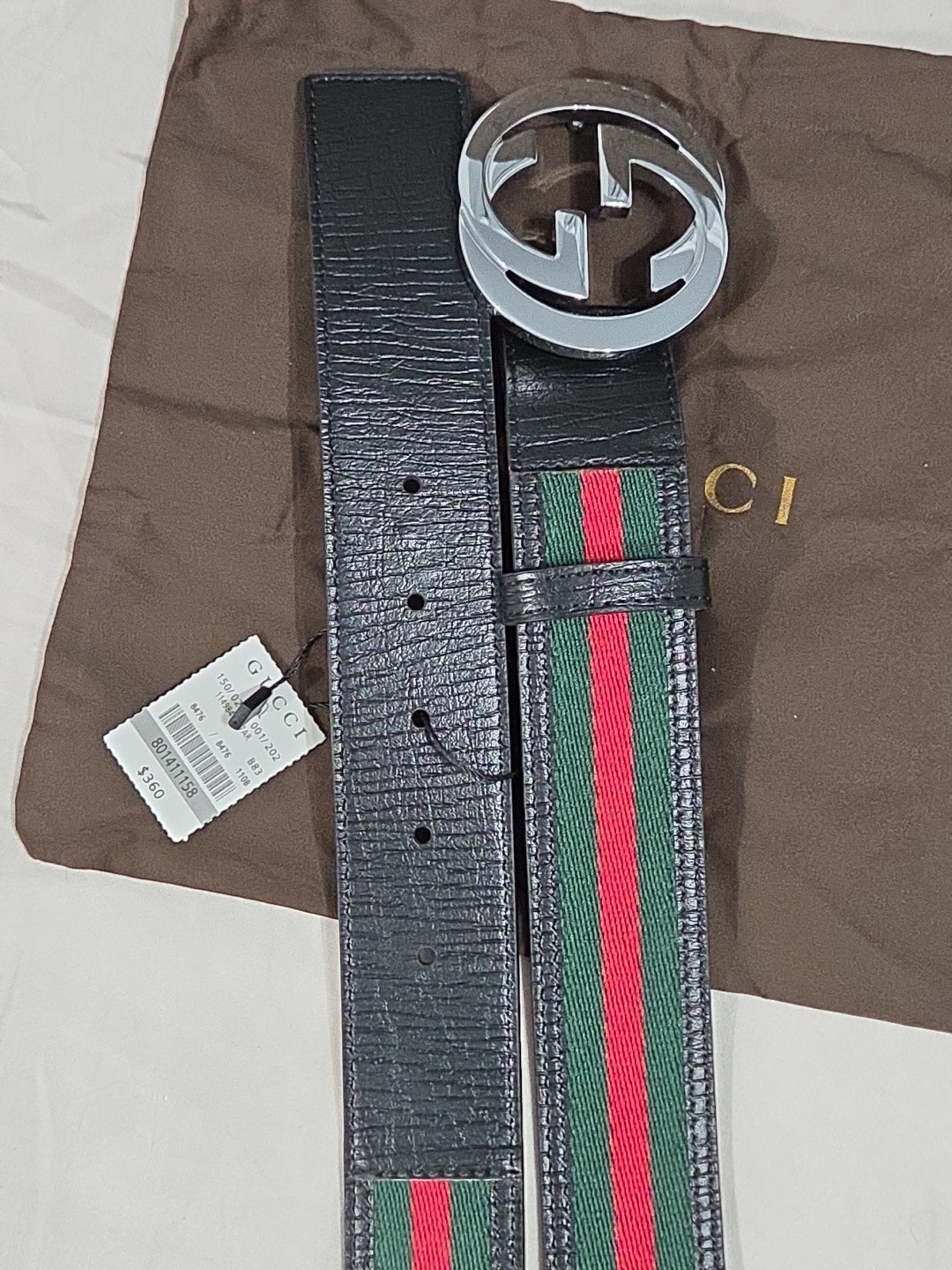 Gucci Black Green Red Striped Belt Size 38-40 IT 110CM Silver Buckle