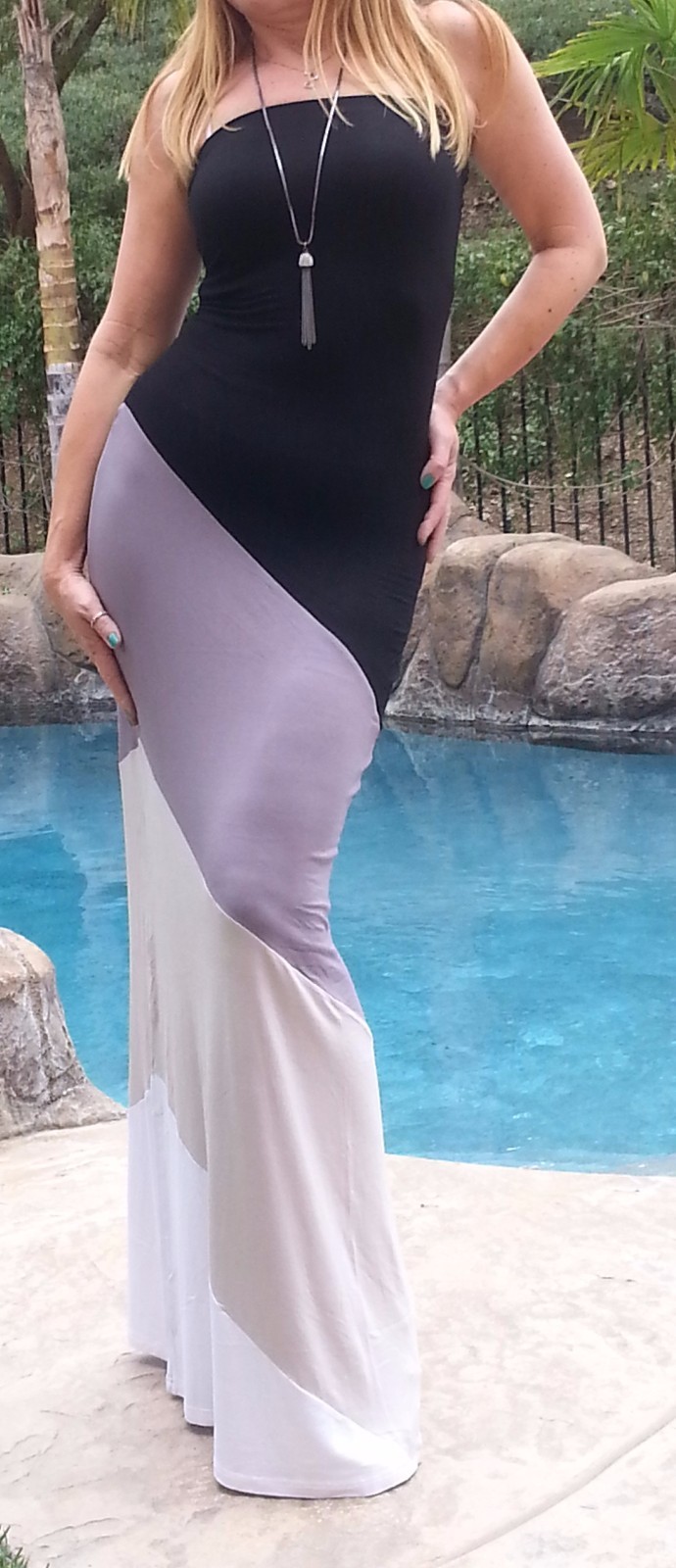 Maya Antonia-TALL SIZE-Sexy Strapless Black-Grey-White Maxi Dress Color-Block