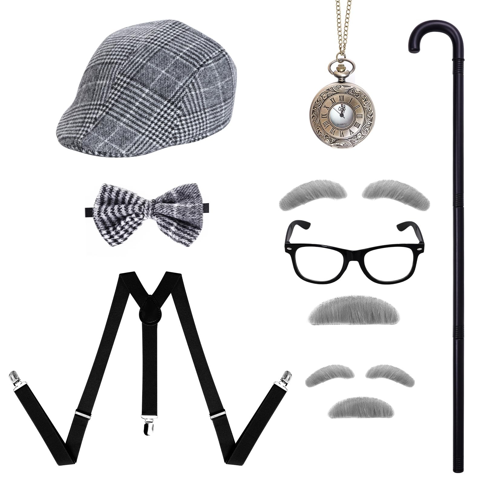 12 PCS Grandpa Costume Accessories 100 Days of School Old Man Hat Suspenders