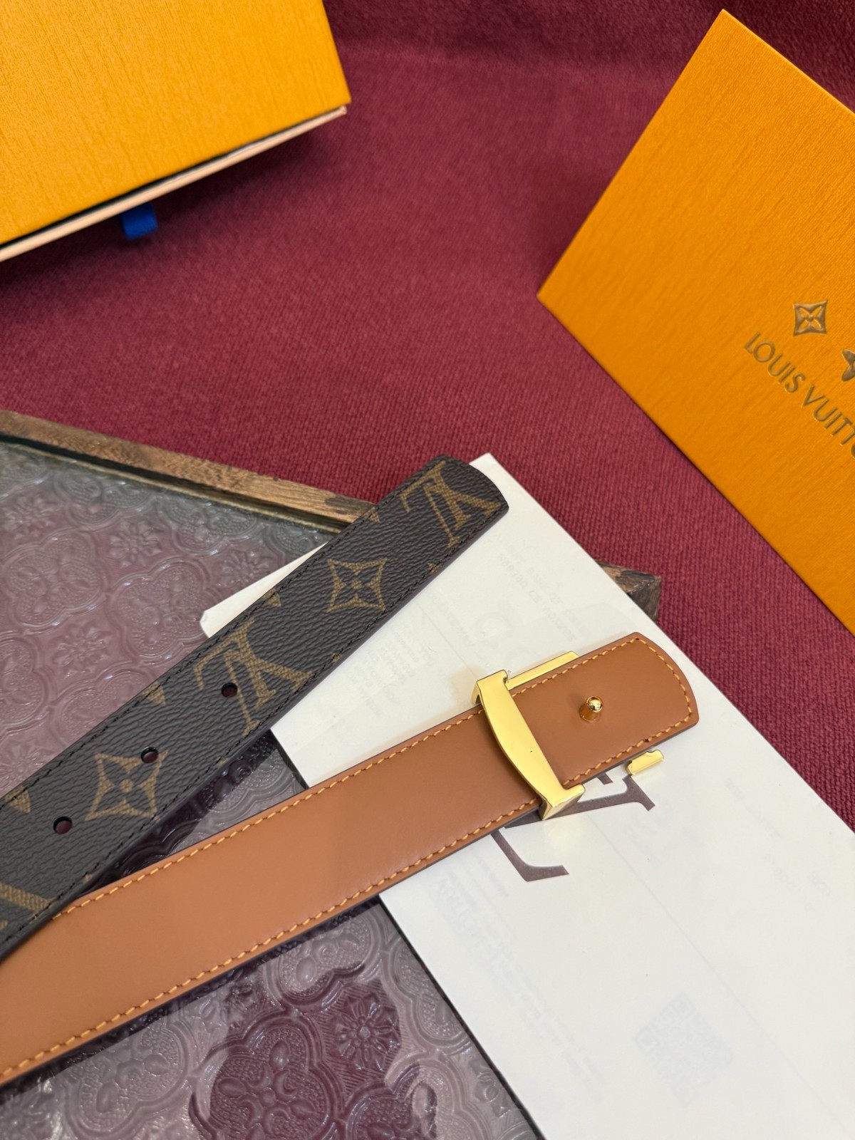 Louis Vuitton Brown Monogram Leather Reversible Women Belt Gold LV Buckle 3.0cm