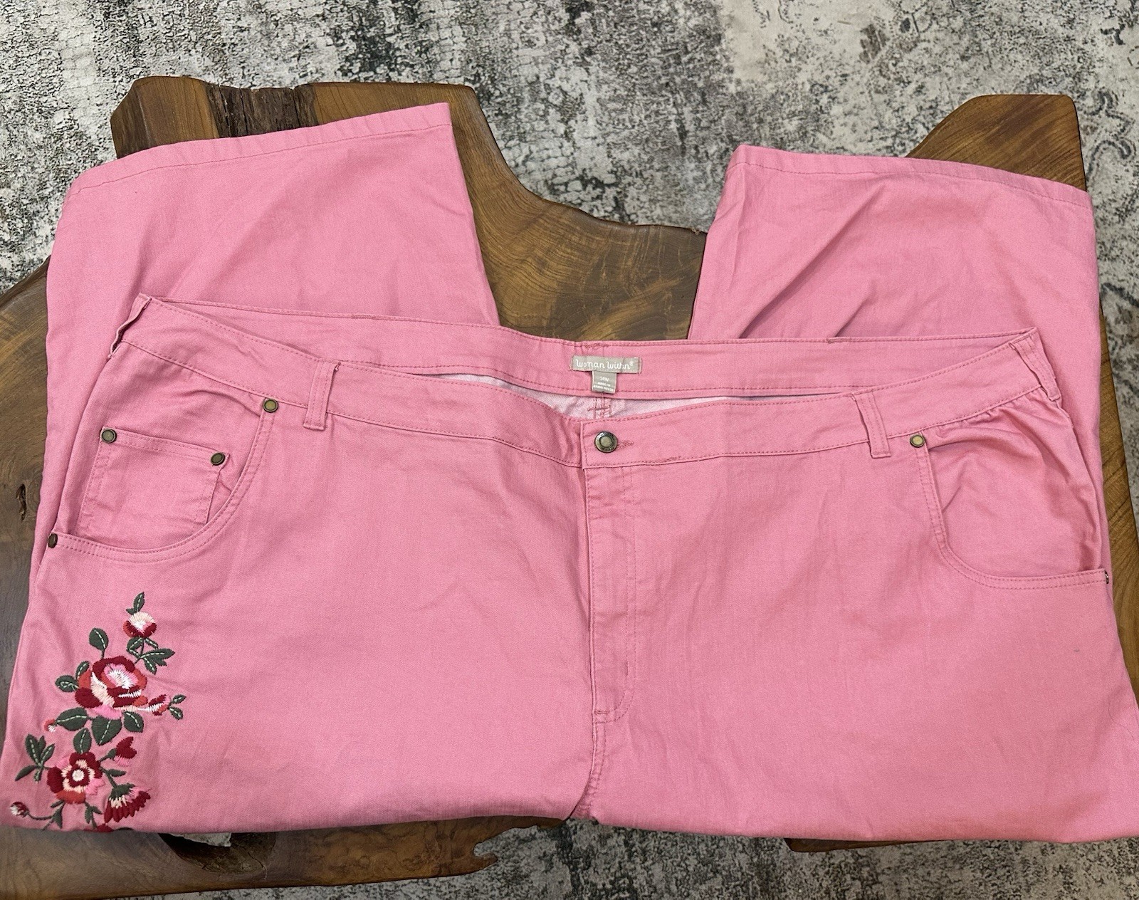 Woman Within Plus Size 34W Pink Denim Jeans Capris Floral Embroidered Design