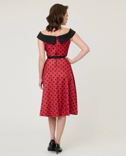 UNIQUE VINTAGE RED & BLACK DOT OFF THE SHOULDER SWING DRESS – NEW – REG & PLUS