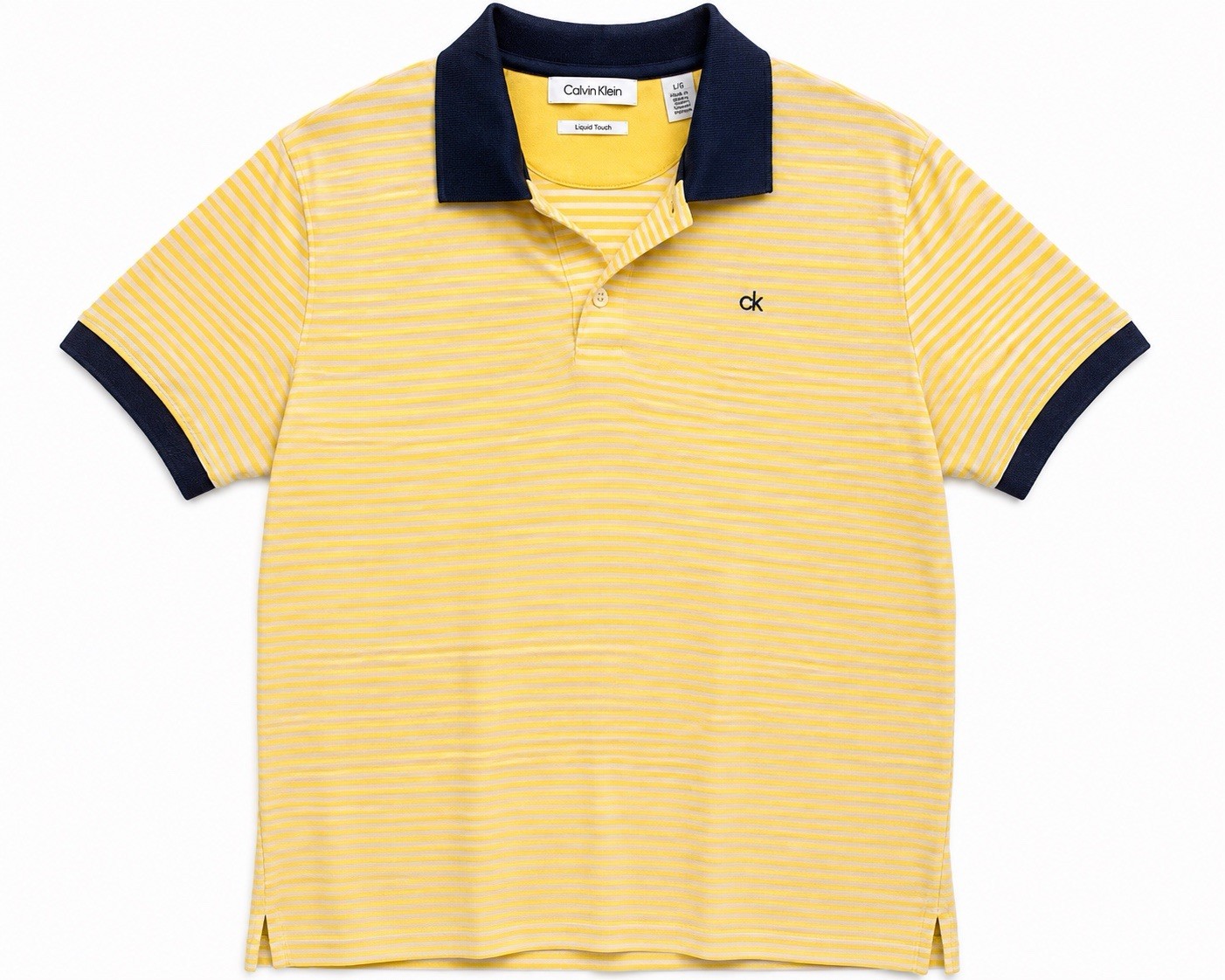 Calvin Klein Liquid Touch Polo Shirt Men’s Large Yellow Striped CK Logo Cotton