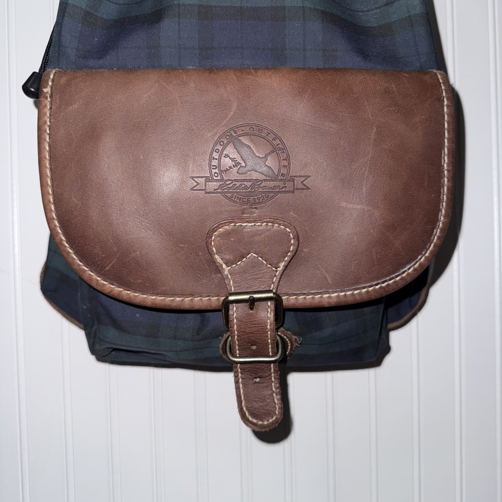 Vintage Eddie Bauer Leather Plaid Turn Lock Large Daypack Rucksack Backpack Rare
