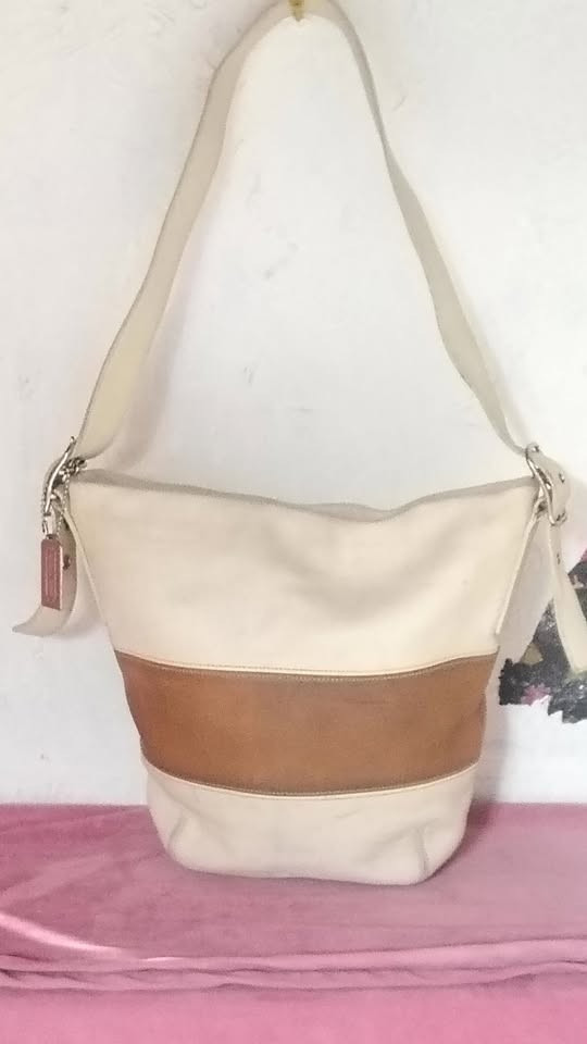 Vintage Coach Limited Edition Rugby Stripe Duffle Bag Ivory/Tan Leather 9173
