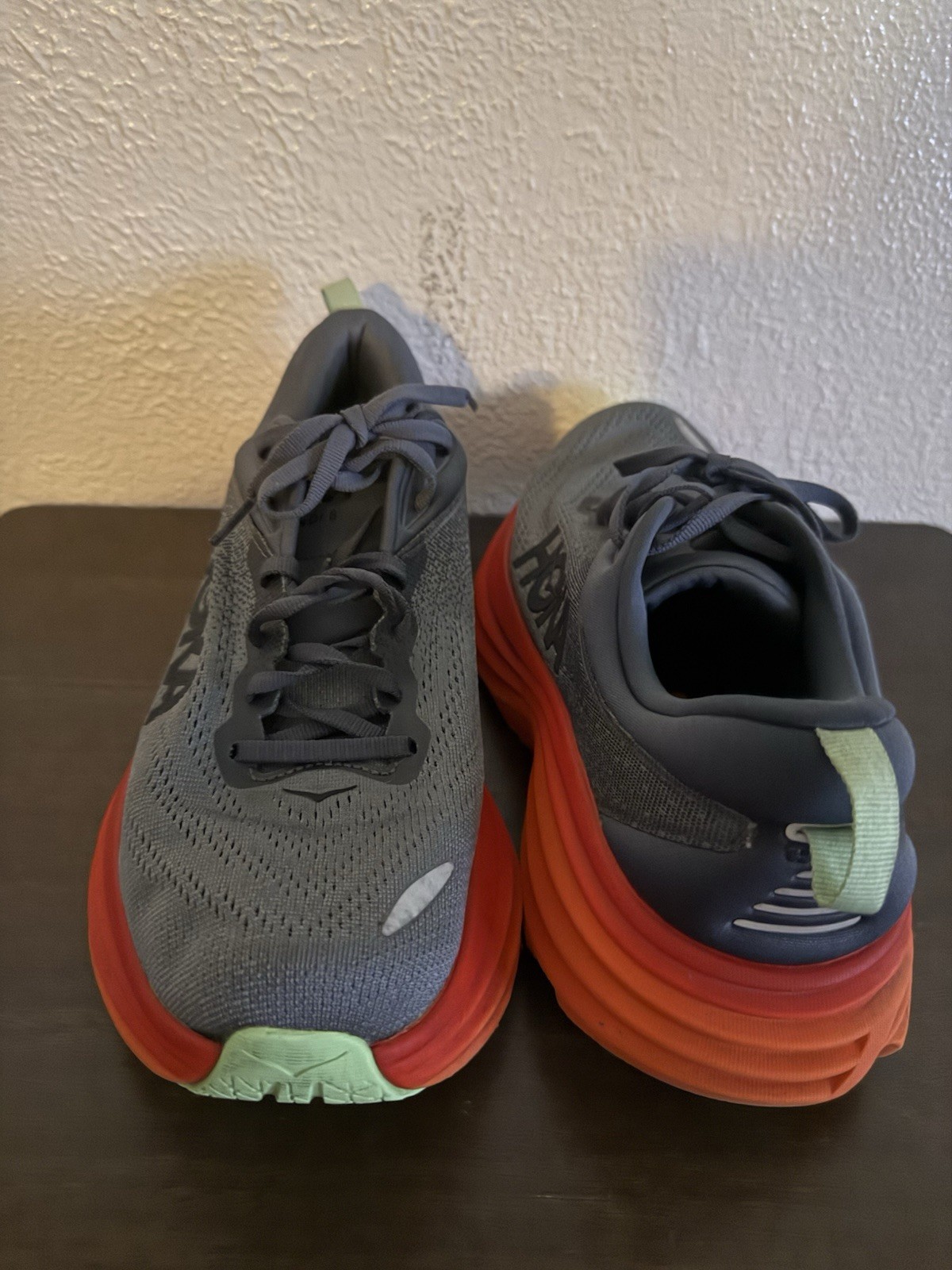 Hoka One One Bondi 8 Mens 9.5D Grey Orange Trail Road Running Shoes Sneakers