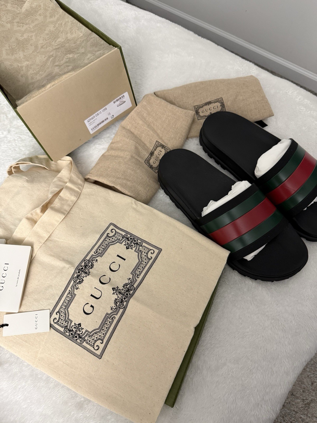 Gucci Pursuit Trek Web Stripe Rubber Slide Sandals Black Green Red Mens 10