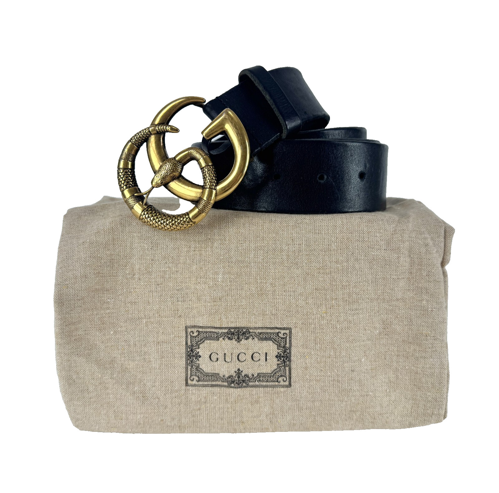 Gucci Auth Belt 105 cm 42 in Black Leather Gold Tone GG Marmont Snake Buckle Bag