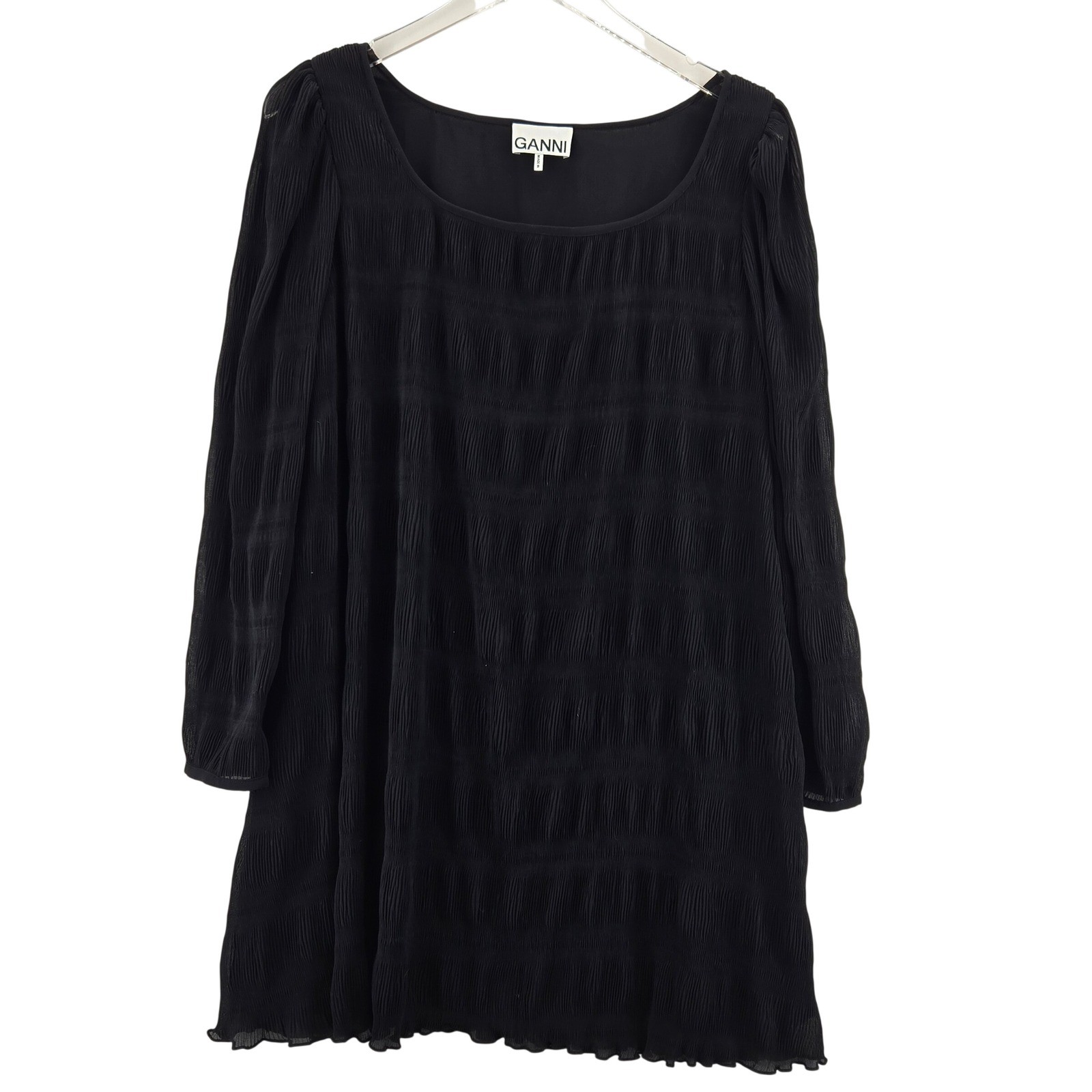 Ganni Black Pleated Georgette Mini Dress Square Neck Puff Sleeve EU 36 US 4