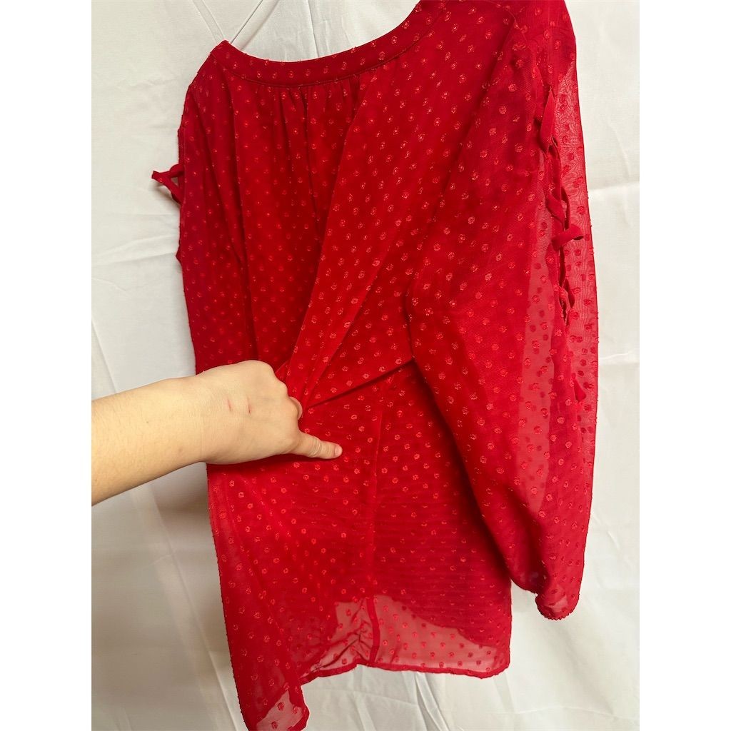 NWT New Directions XL Red Swiss Dot Sheer Sleeve Blouse Top Snagged