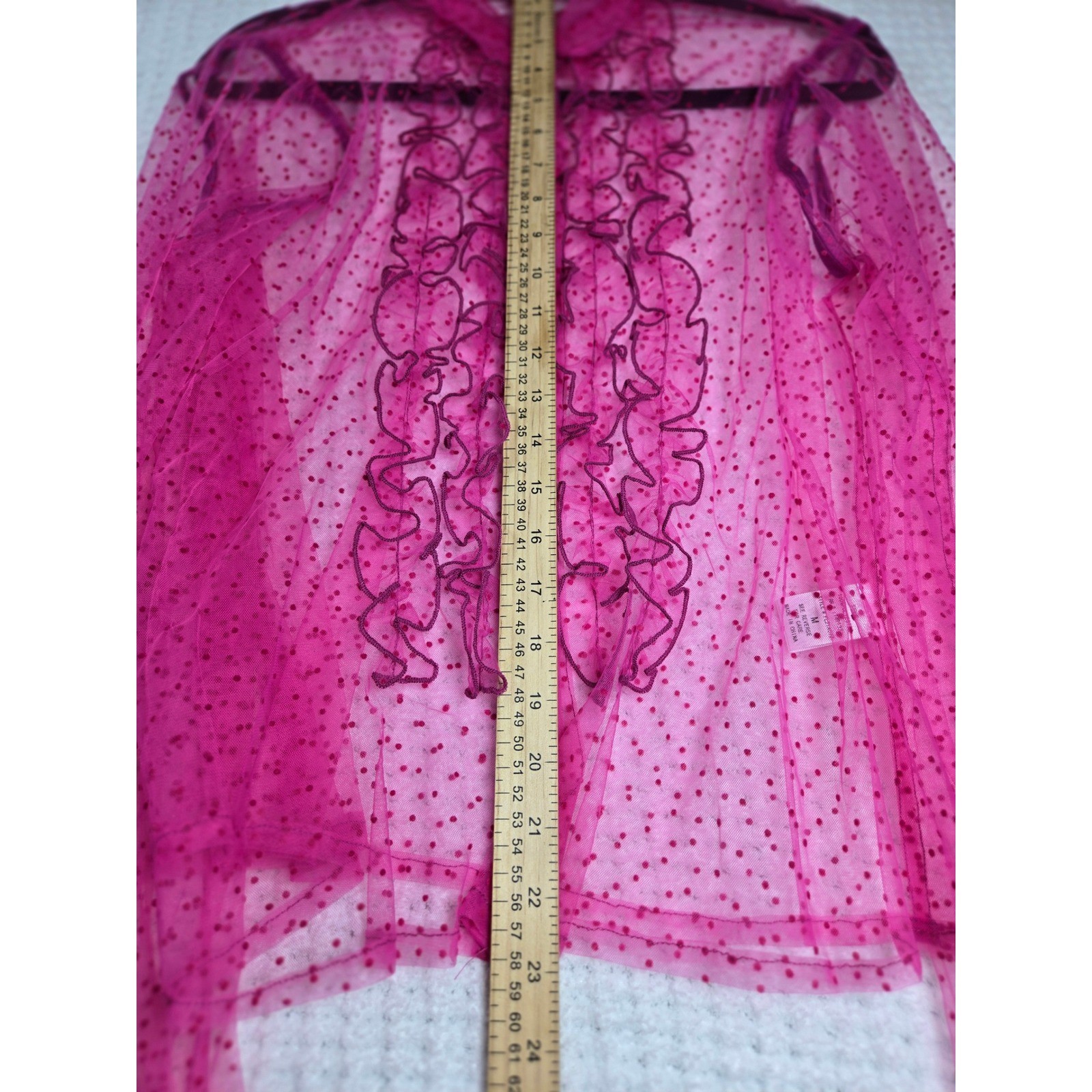 Hot Pink Sheer Mesh Polka Dot Ruffle Button Down Blouse M Medium Barbiecore