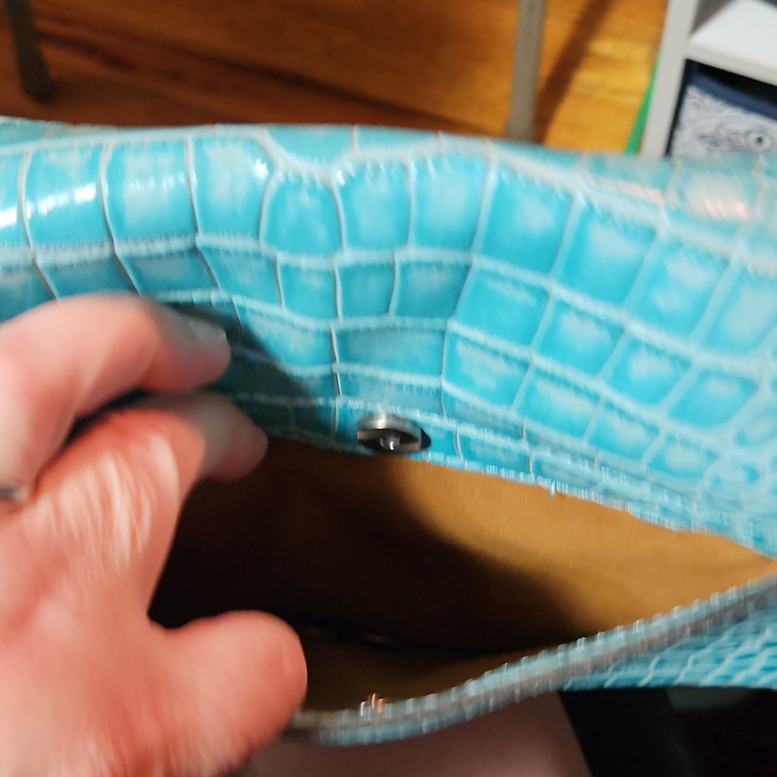 Blue Croc Embossed Crossbody Bag Turn Lock Zip Inner Pockets Silver Hardware