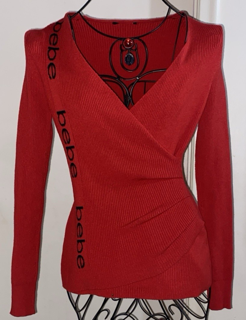 BEBE Red Asymmetric Side LOGO Surplice Faux Wrap Ribbed Knit Sweater ~Size M
