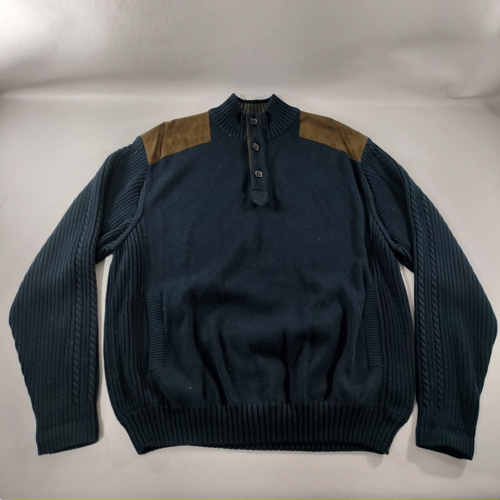 Alex Cannon 3 Button Placket Blue Long Sleeves Sweater with Suede Mens Size L