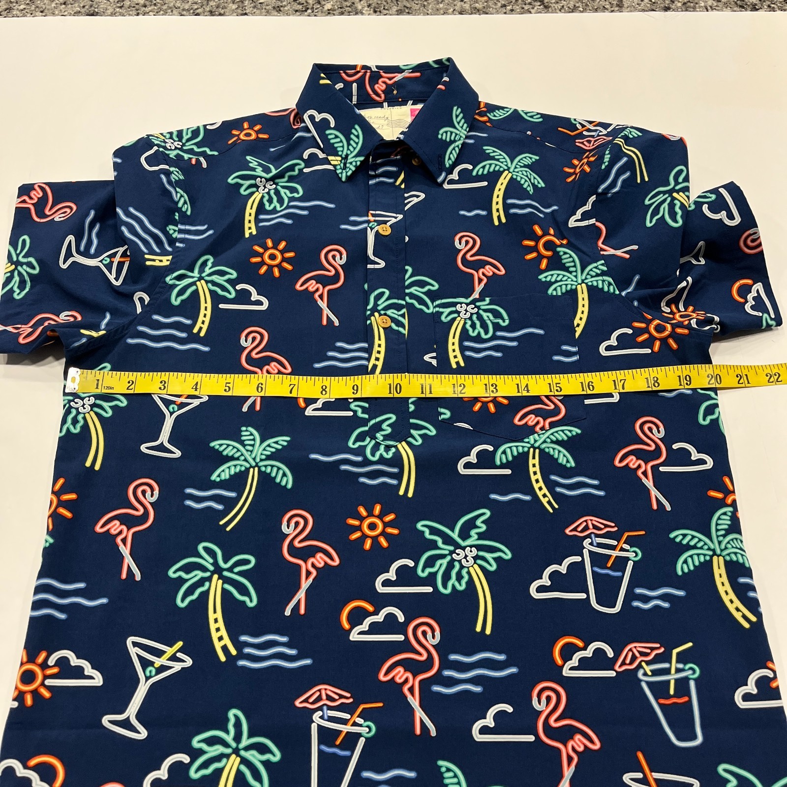 Chubbies Shirt Mens Small Blue Neon Trees Flamingos Cups Print Performance Polo