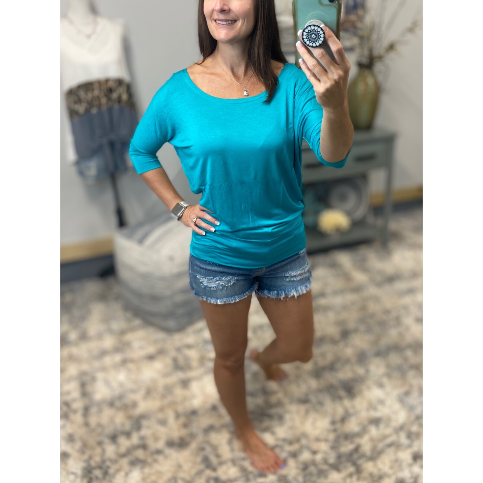 Sexy Dolman Wide Scoop Open Neck Batwing Blouse Top Shirt Teal S/M/L