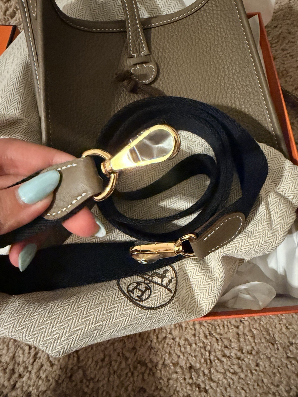 Hermès Evelyne TPM Mini Taupe Crossbody Bag Navy Strap Dust Bag Box