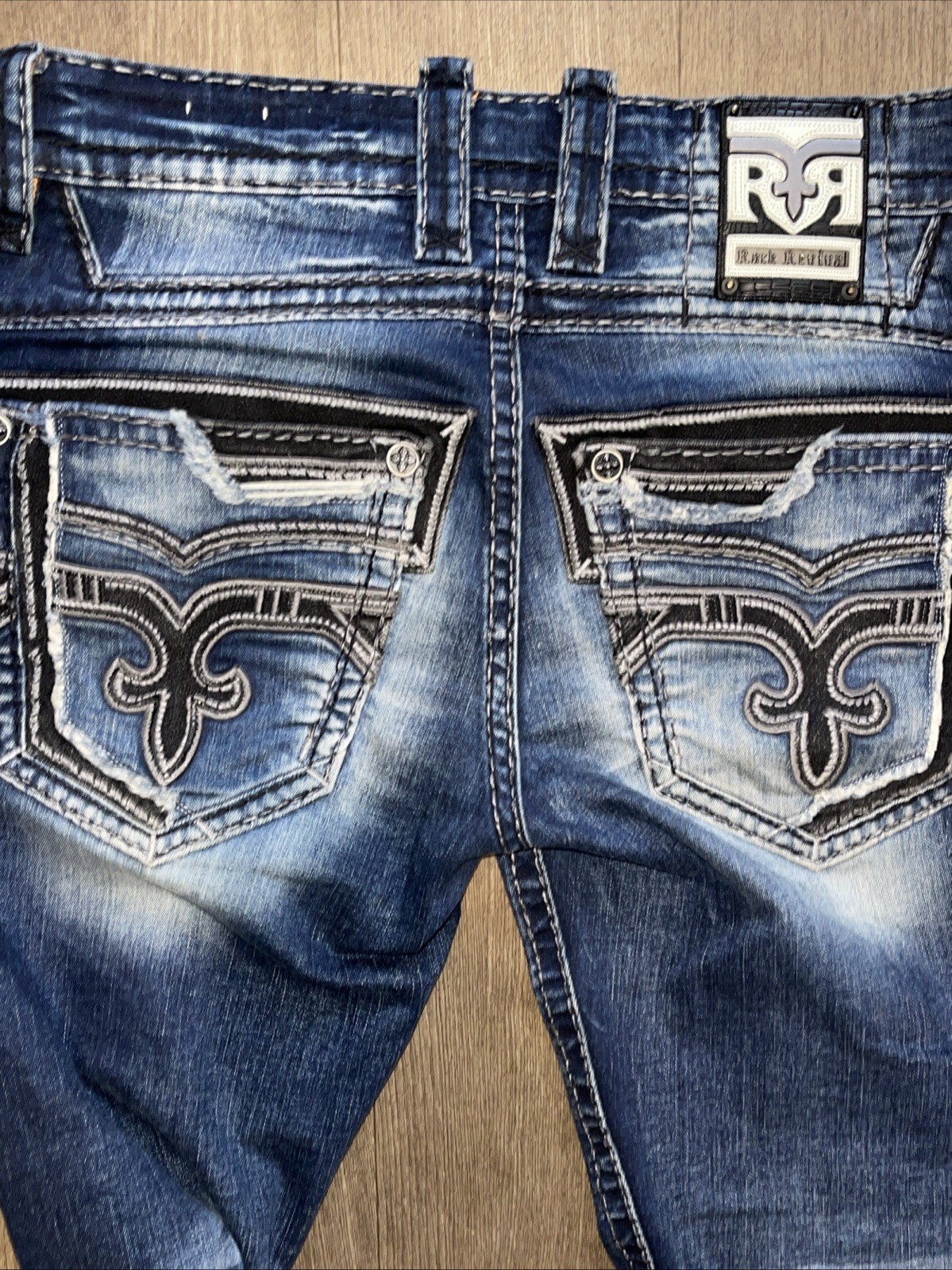 ROCK REVIVAL “ RUSTIC BROWN” Slim Taper Jeans, Size 31/31 Length ￼ Distressed