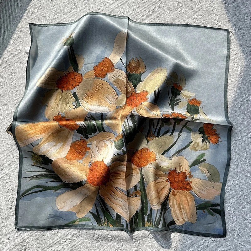100% Pure Silk 21″ Square Scarf Women Blue Neckerchief Wrap Oil Painting Flowers
