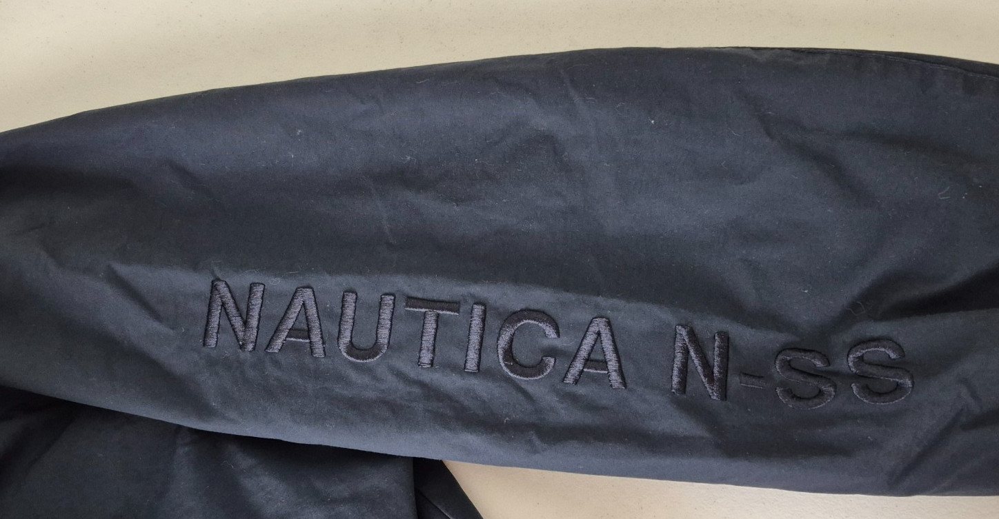 Nautica Jacket Mens Large Navy Sailing Bomber Zip Snap Mock Neck w/Hood Lined