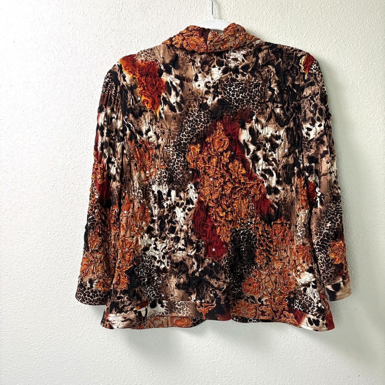 Joseph Ribkoff Jacket Womens Size 16 Brown Black Animal Print Sequin Zip Ruched