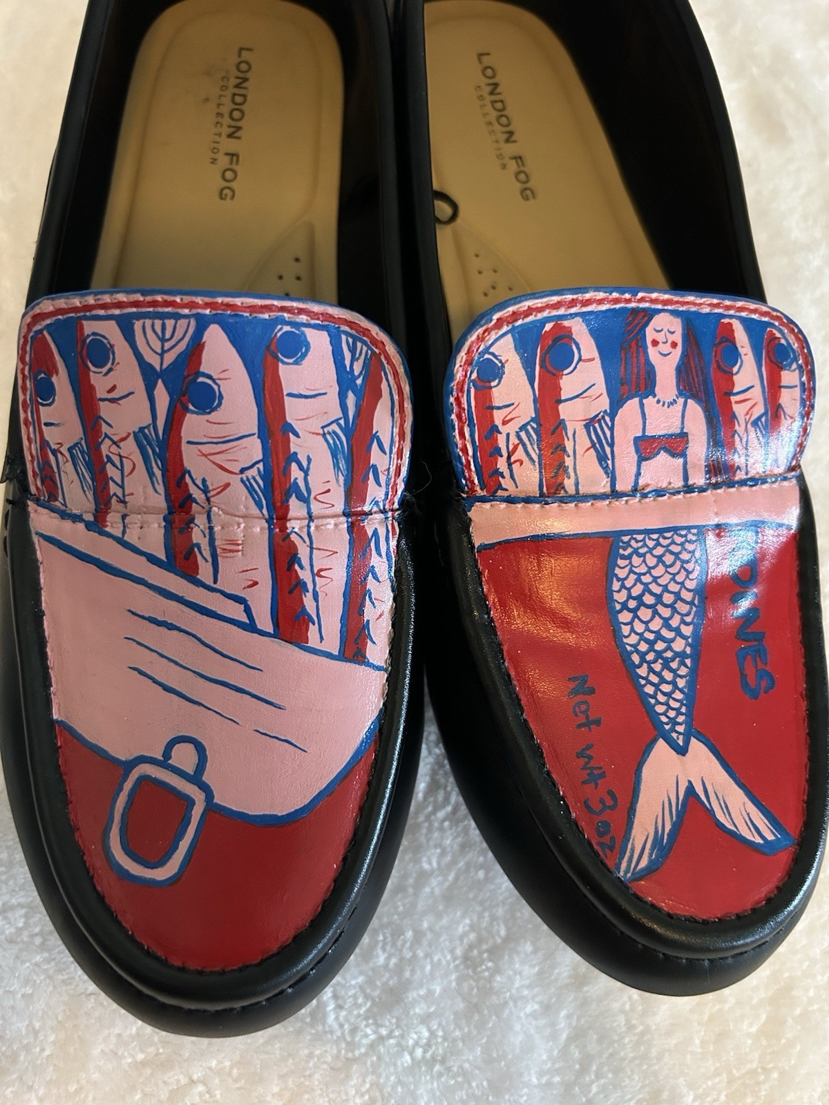 Hand Painted Shoes Featuring Sardines and Mermaid In Pink, Red and Blue Size 9W