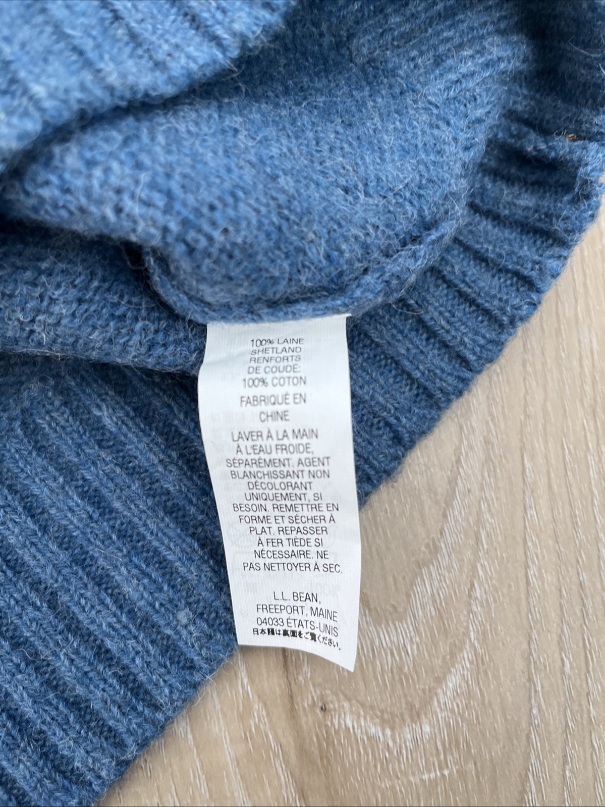 LL Bean Mens 100% Wool Shetland Sweater 1/4 Zip Pullover Elbow Patch Blue Size L