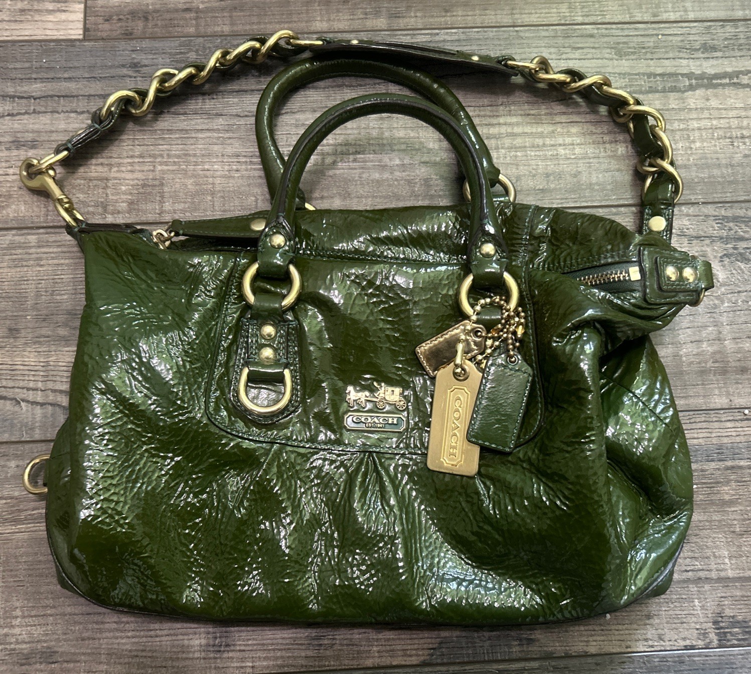Vintage Coach Madison Sabrina Crinkle Patent Leather Large Satchel Green