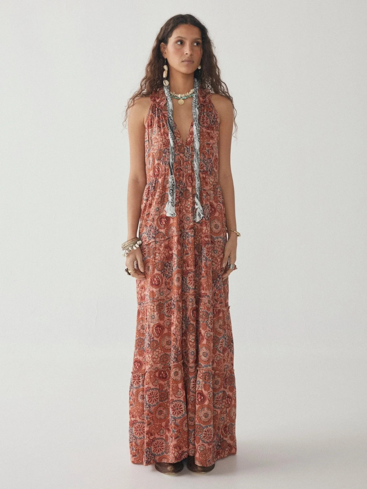 Maison Hotel Kaleidoscope Charlotte Maxi Tiered Boho Dress Size S Rust Petunia