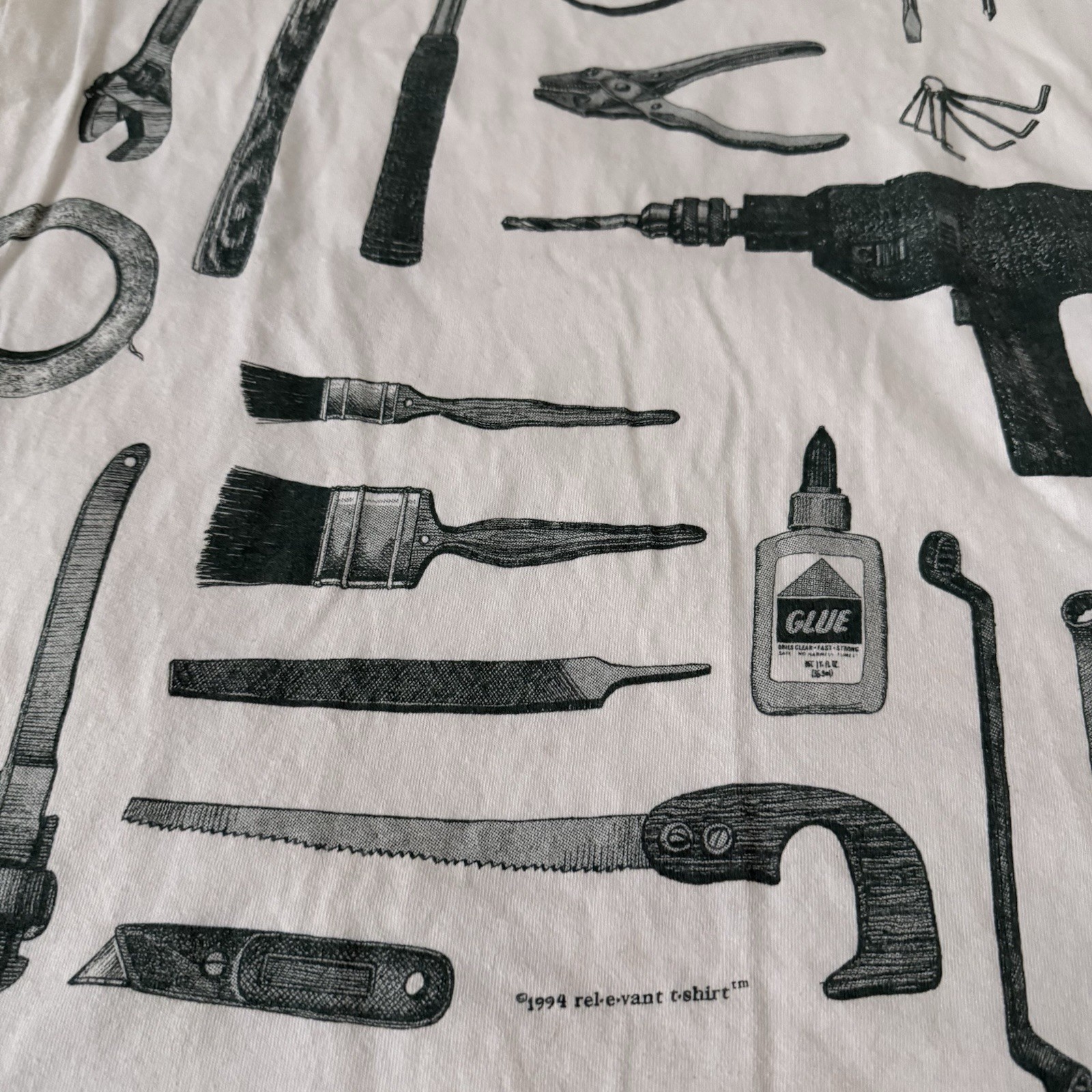 Vintage 1995 Relevant Products All Over Print T Shirt Power Tools Mens XL