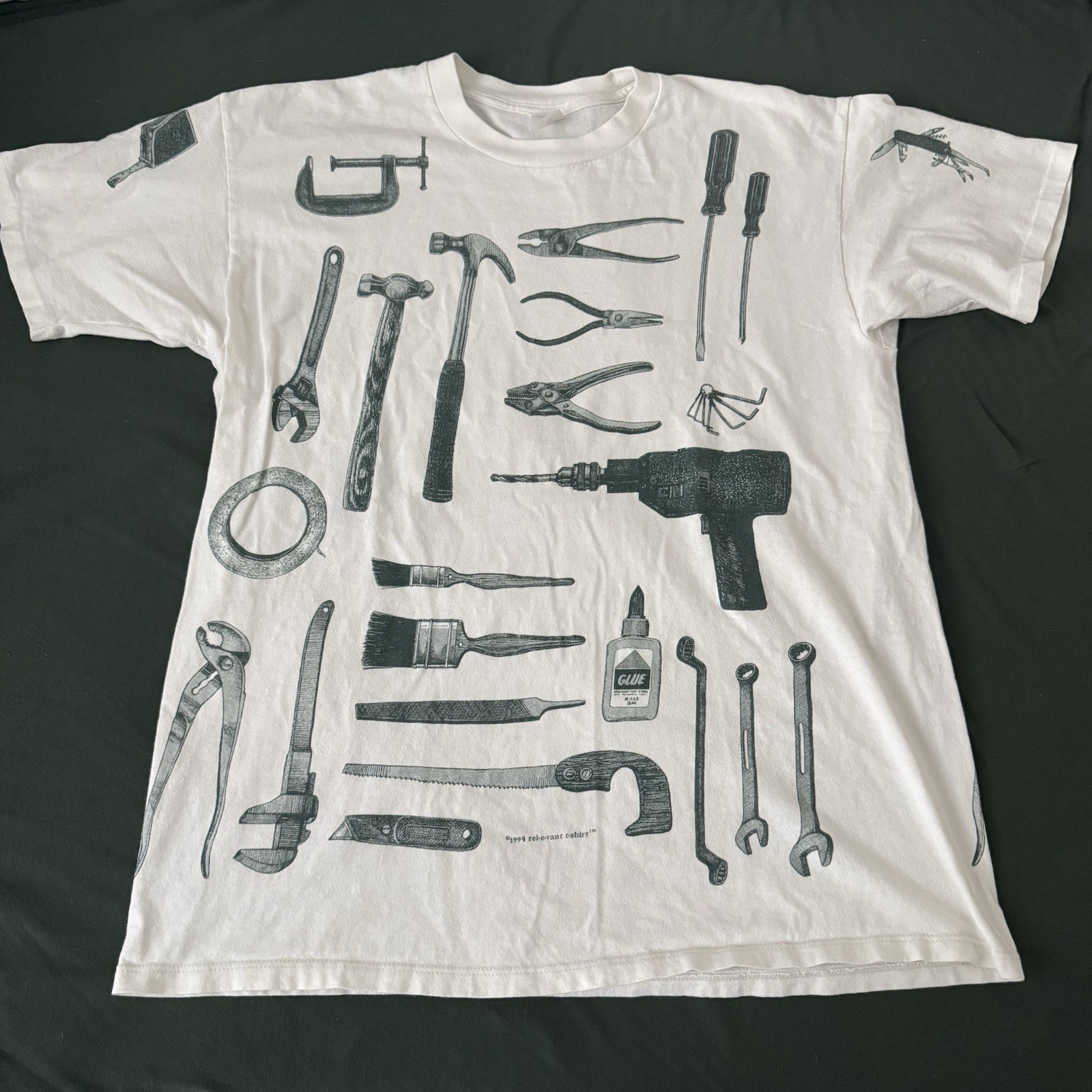 Vintage 1995 Relevant Products All Over Print T Shirt Power Tools Mens XL