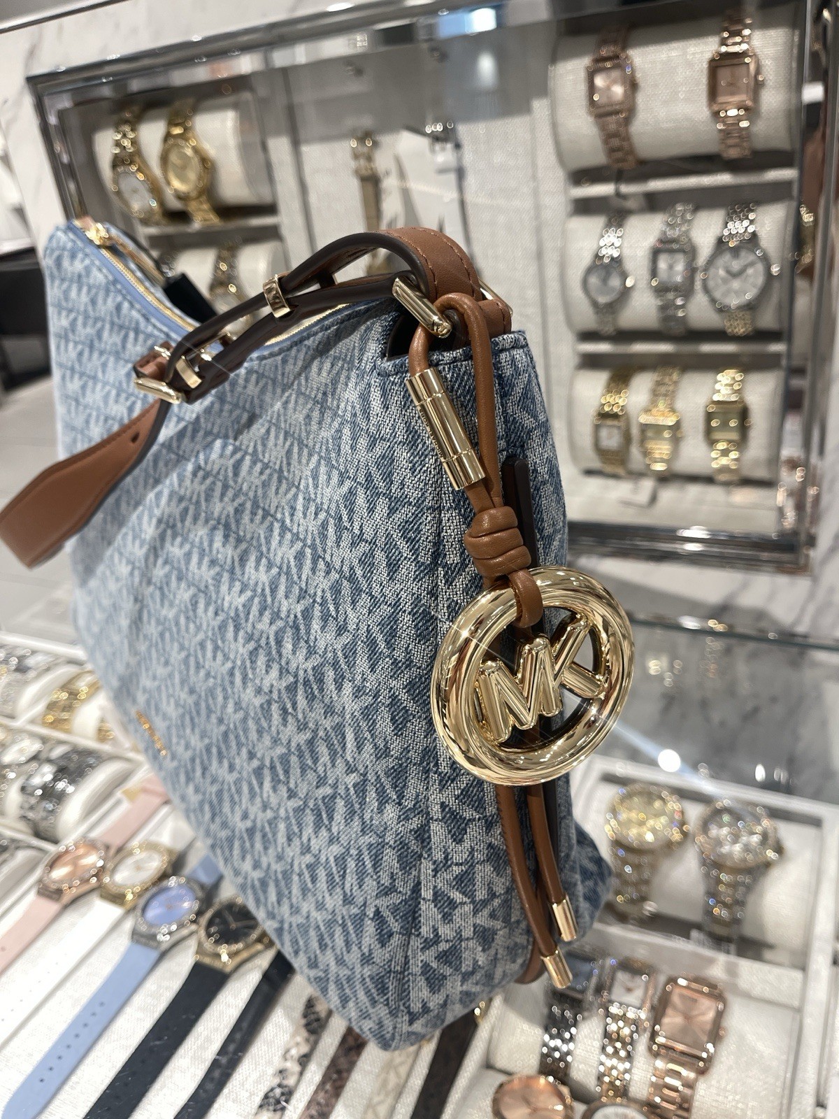 MICHAEL KORS Nolita Medium Signature Logo Print Denim Convertible Should NWT