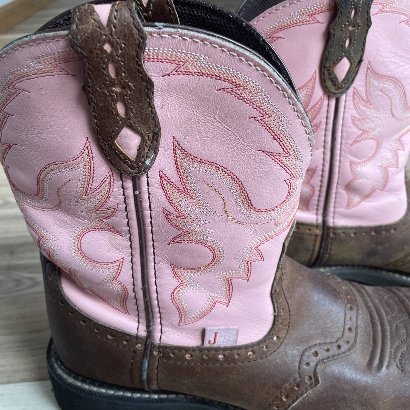 Justin Boots Women’s Western Leather Boots Brown Pink Embroidered L9901 Sz 8-1/2