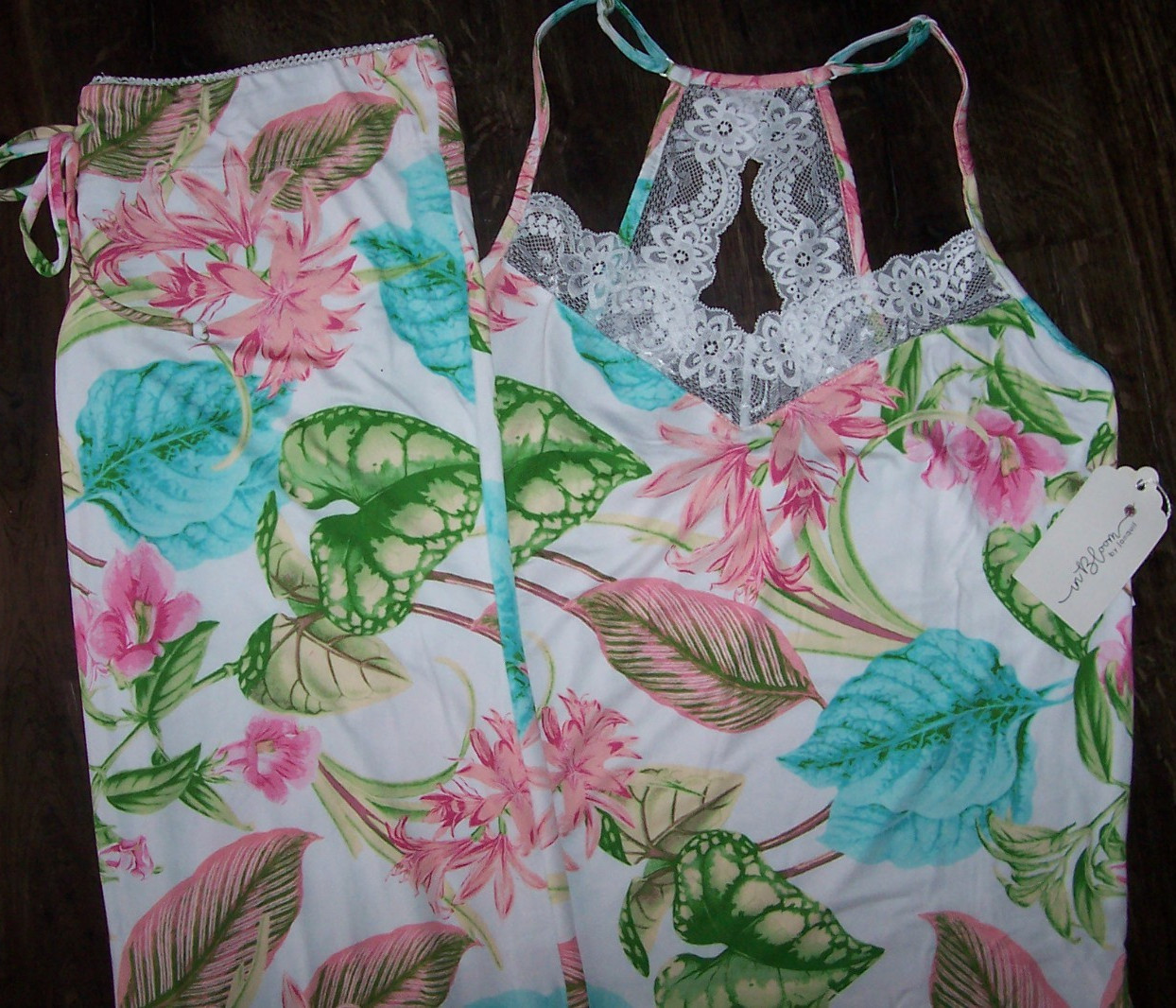 NWT In Bloom by Jonquil IVORY/GREEN/PINK/BLUE TROPICAL FLORAL Knit Pajama Set XL
