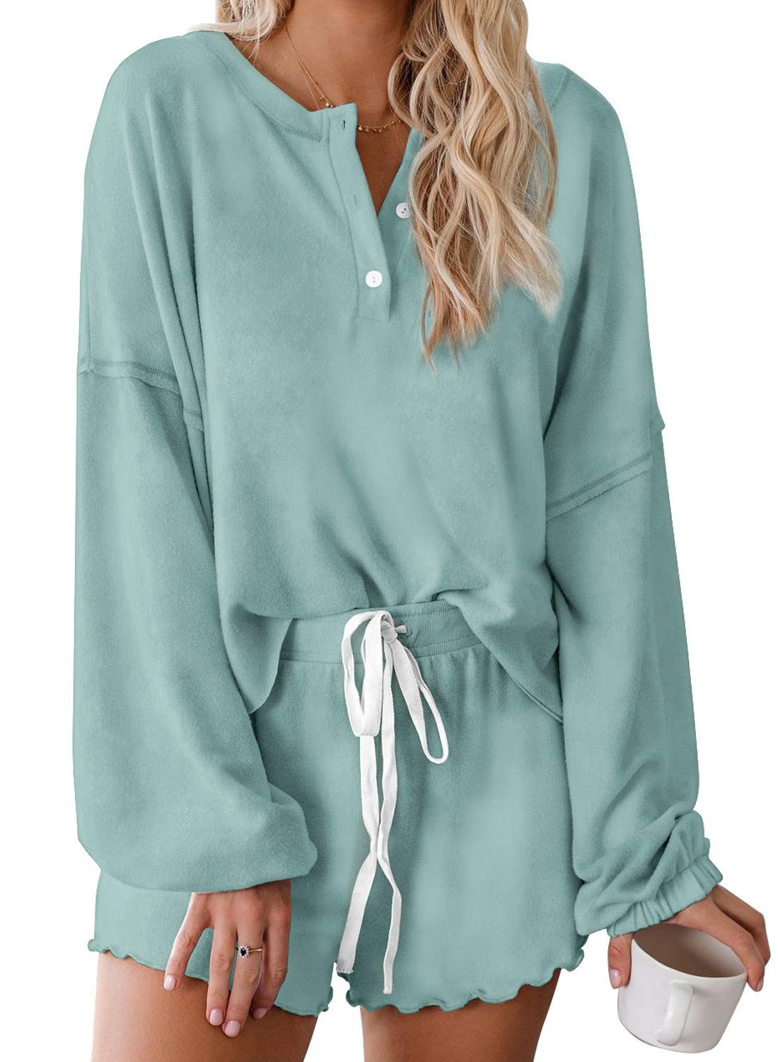 Women’s 2 Piece Pajama Lounge Set (Green, Medium)