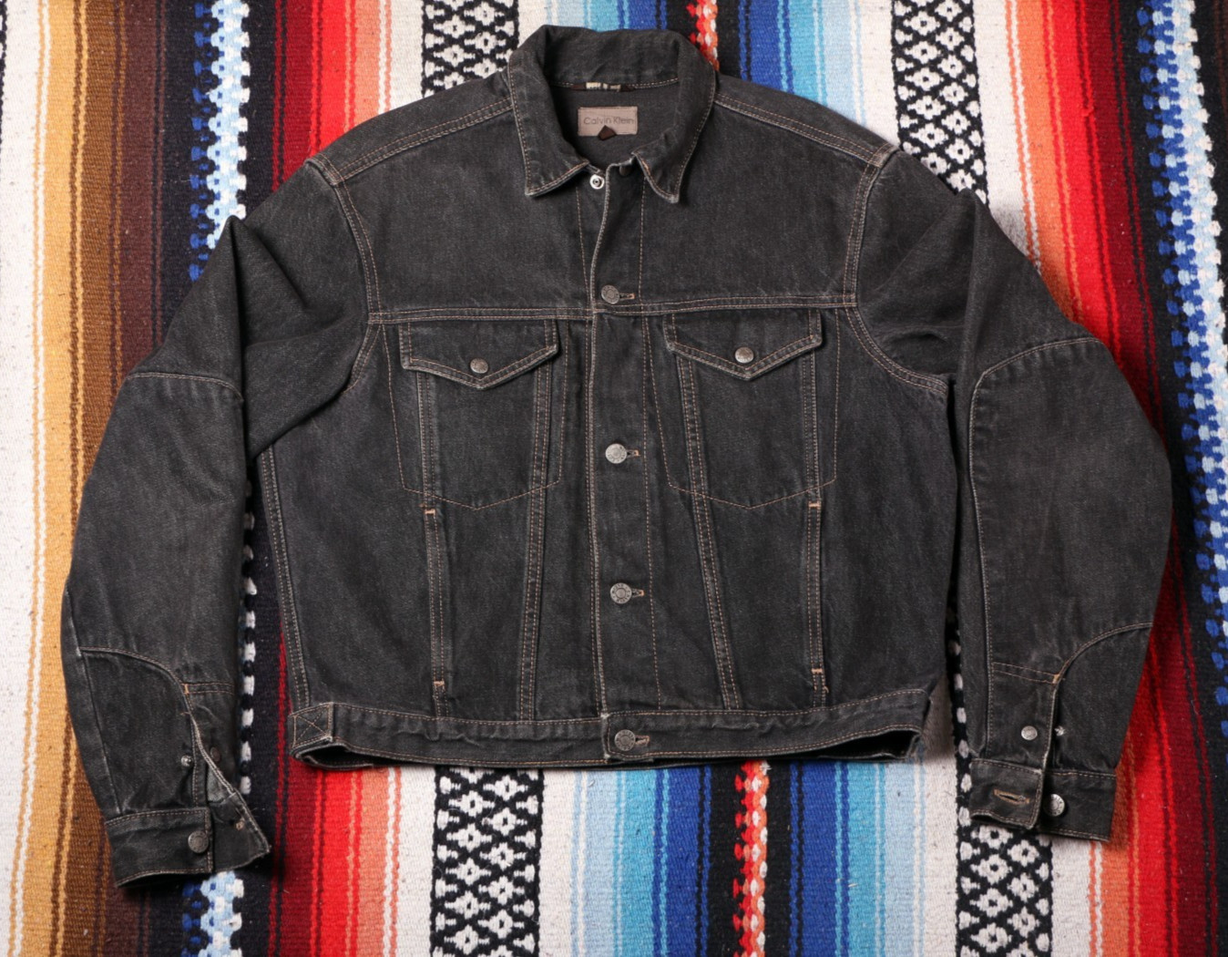 Calvin Klein Faded Black Denim Motorcycle Cropped Jacket Men’s Large L USA Made